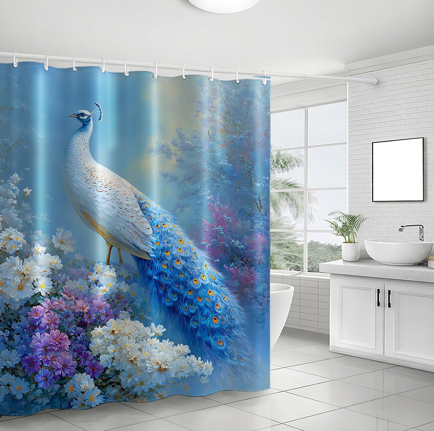 THISFIND Shower Curtain, Elegant Peacock with White Flowers and Misty Background Machine Washable Waterproof Fabric for Bathroom Decor Bathtub with 12 Hooks 72x72