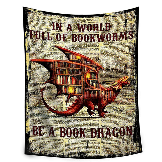 Book Dragon Fleece Blanket Cozy Throw for Book Lovers, Vintage Dragon Design on Text Background, Warm and Soft Reading Blanket for Home, Couch, or Bed (L50 xW40)