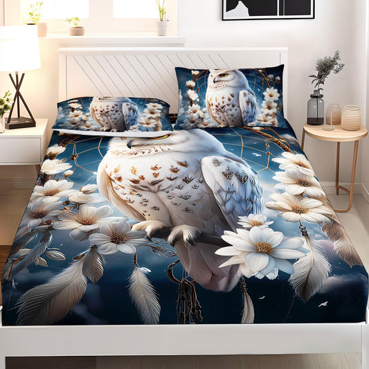 AILONEN White Owl Dreamcatcher Bed Sheets Set, Queen Size,Boho Floral Feathers Bedding Sets for Kids Teens Adults,Bohemian Style Animal Fitted Sheet Set with 2 Pillowcase