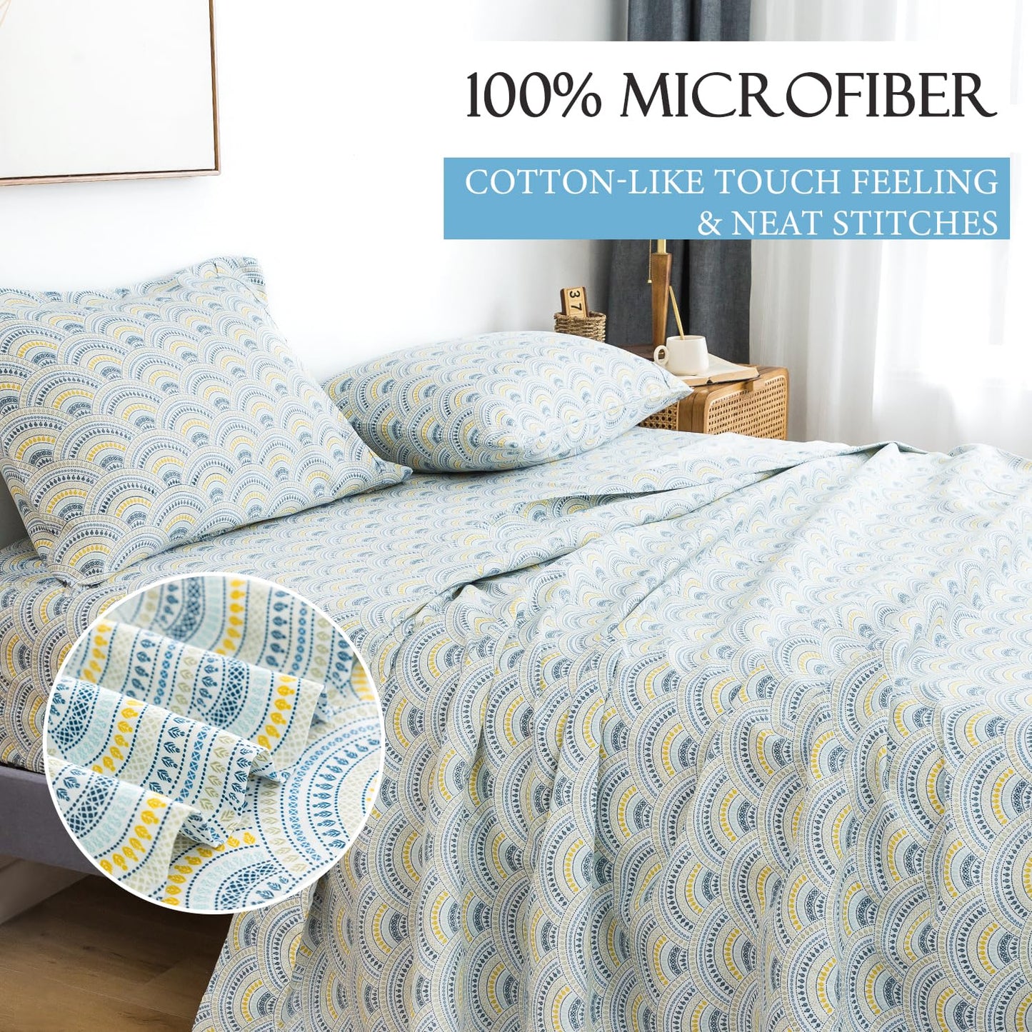 KACEMOO Queen Bed Sheet Set, 4PC Boho Sheets Queen Pattern Blue Floral Bed Sheet Cooling Soft 17”Deep Pocket Microfiber Brushed Sheet, Easy Care, Breathable, Wrinkle Free, Machine Washable Bed Set