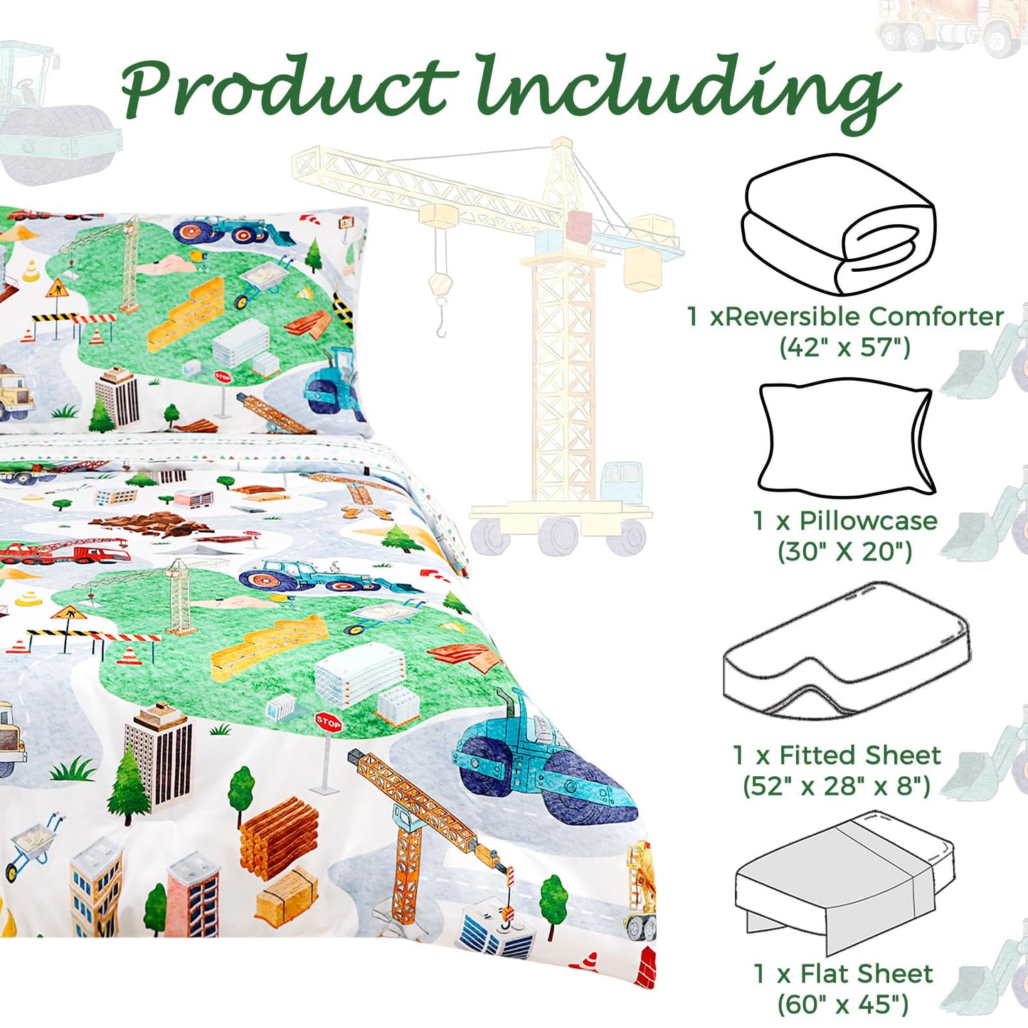 DAYEEBALL 4 Piece Toddler Bedding Set, Ultra Soft and Breathable Toddler Comforter Sets for Boys Includes Quilted Comforter, Fitted Sheet, Flat Sheet and Pillowcase, Vehicles