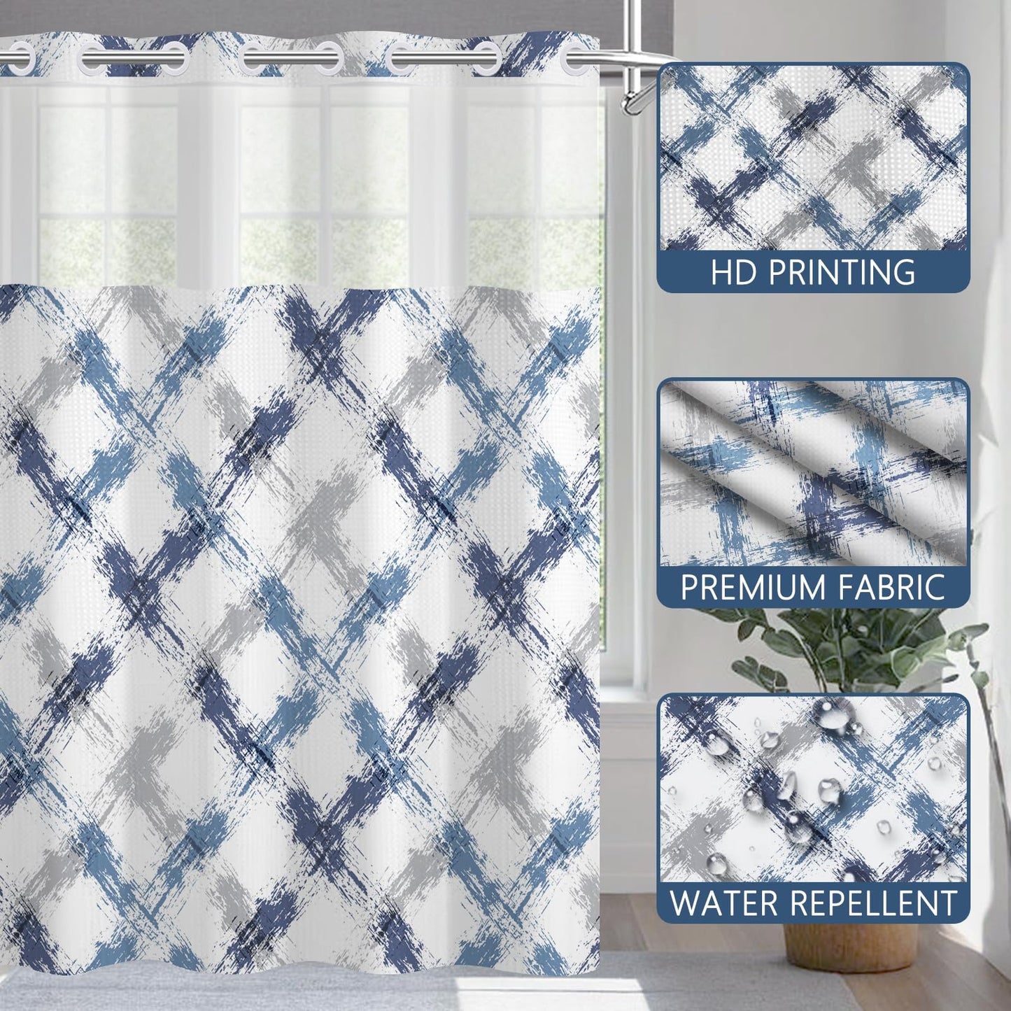 NAEMBCU No Hook Waffle Shower Curtain with Snap in Liner 71x74 Inch