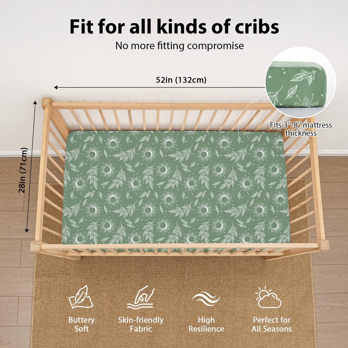 FIEMOL Baby Crib Sheets for Boys and Girls, 3 Pack Fitted Toddler Bed Sheets Neutral for 52”x28” Standard Crib and Toddler Mattresses, Super Soft Microfiber Green Starry Sky