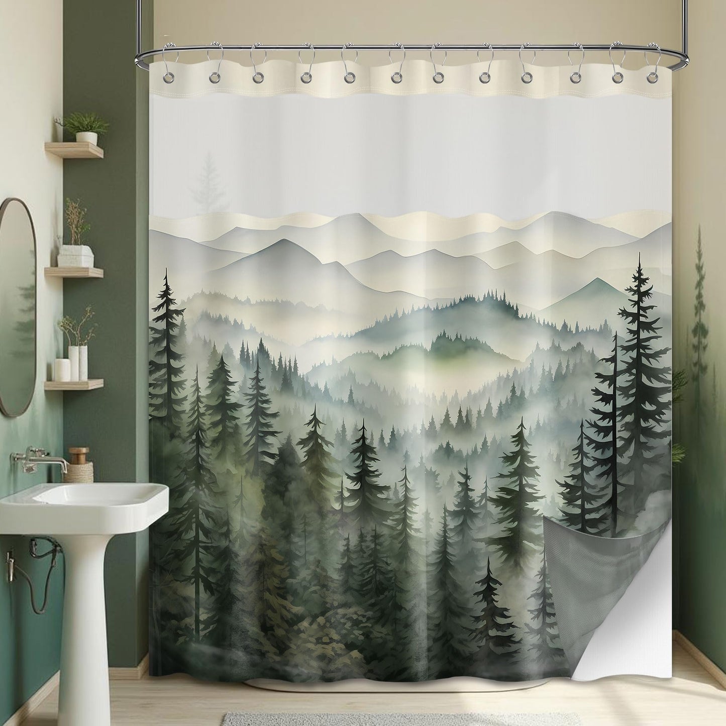 soeeao Forest See Through Mesh Top Shower Curtain with Window, Nature Mountain Double Layer Shower Curtains with Snap in Liner with Magnets, Waterproof Cloth Fabric with Hooks, 71" W x 72" L