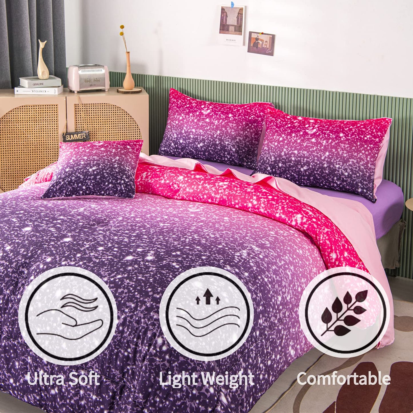 RYNGHIPY 6Pcs Twin Gradient Pink Purple Glitter Comforter Sets for Teens Girls Kids, Colorful Rainbow Glitter Themed Bedding Set