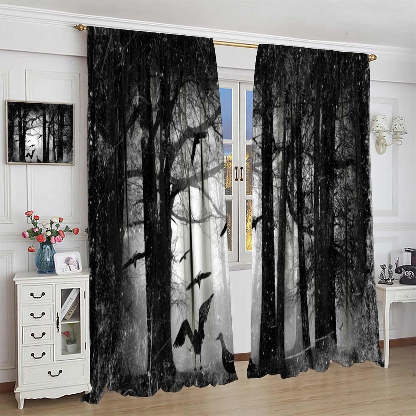 SHElifestyle Gothic Forest Window Curtains, Foggy Mysterious Ghost Window Treatments, Halloween Spooky Black Crows Cobwebs Drapes for Bedroom Living Room W42 X L45
