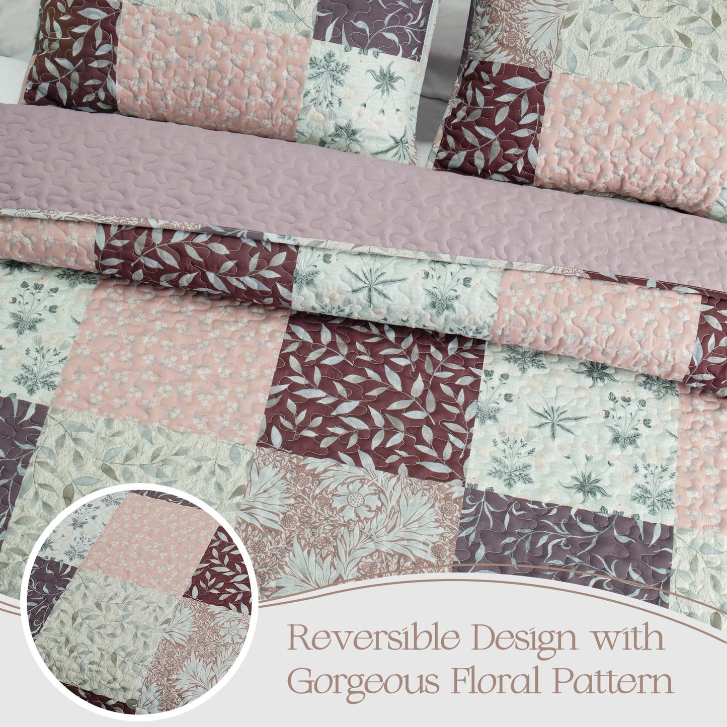 Exclusivo Mezcla Reversible Boho Quilts Queen Size, Brown Soft Bedspreads Lightweight Coverlet All Season Patchwork Quilt Bedding Set with Printed Floral Pattern (1 Quilt, 2 Pillow Shams)