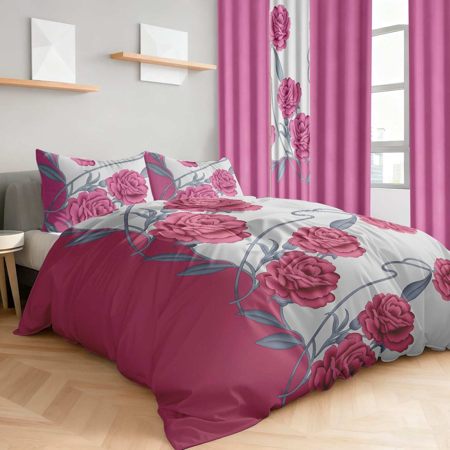 Deepsleep King Bedspread Set 9 Pieces, All Season Luxury Bed in a Bag for Bedroom, with 2 Pillowcases and 6 Curtains, Ultra-Soft Microfiber for Complete Bedroom Decor, Pink Rose