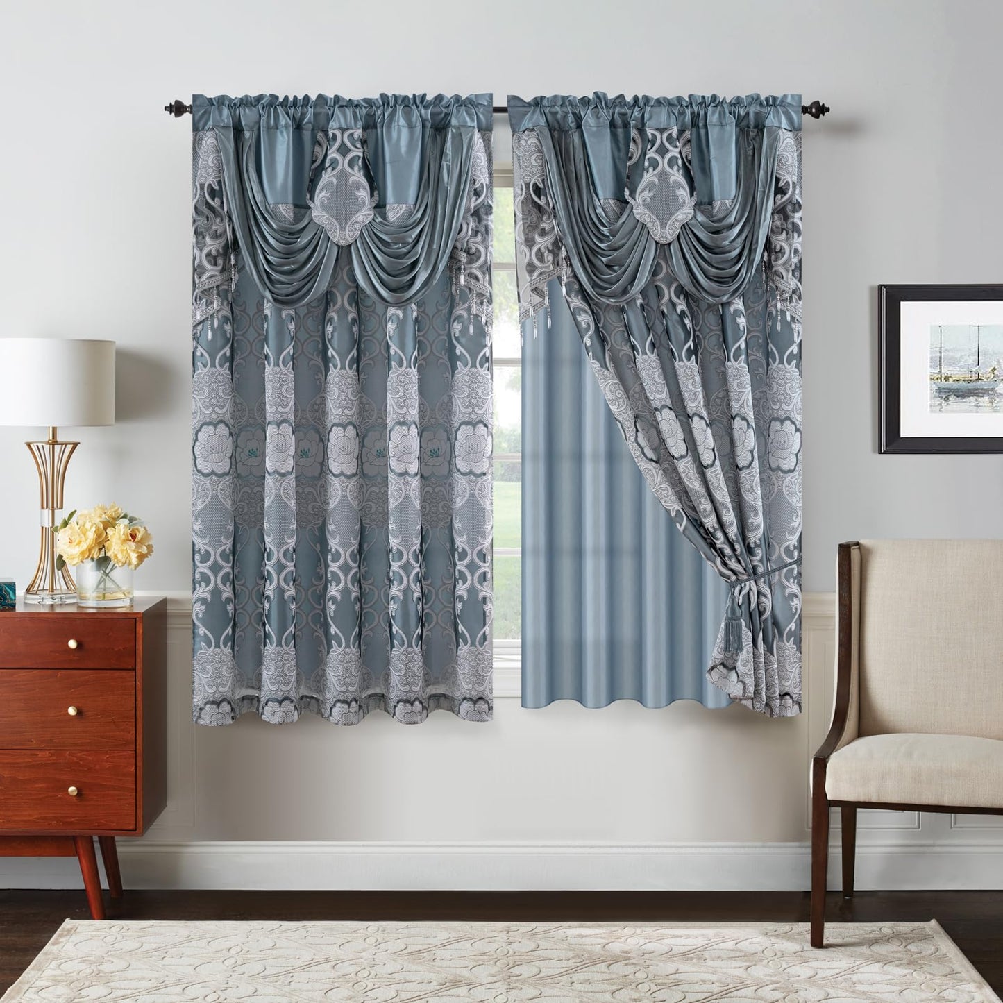 Petrichor Gray Sheer Jacquard Voile Curtains （54" W x 63" L）, 2 Panels with Attached Valance, Double Layer Floral Cutwork Design with Luxurious Texture, Rod Pocket, for Bedroom & Living Room