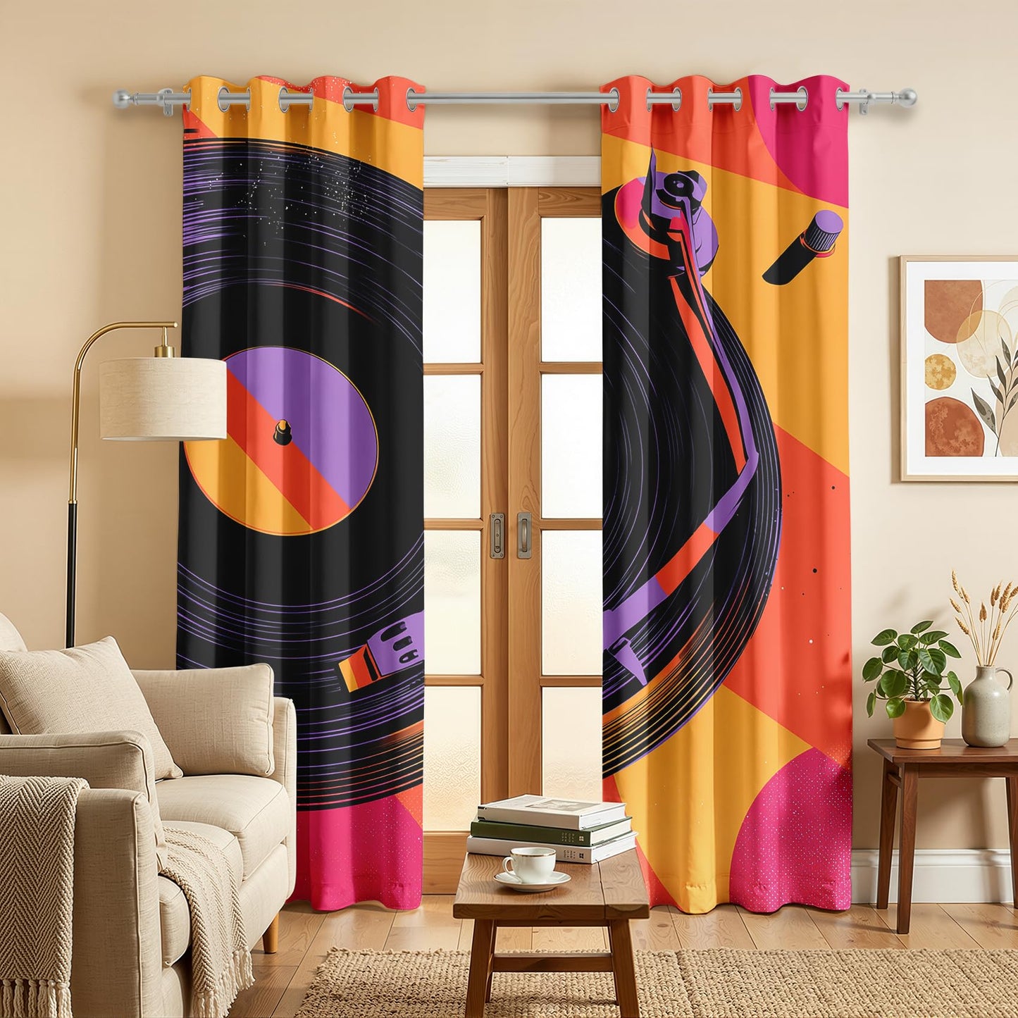 Mistwalk Vinyl Record Blackout Curtains for Bedroom & Living Room, 45 Inch Curtains 2 Panel Set, Room Darkening Thermal Insulated Grommet Drapes, Retro 80s Music Lover Patterned Window Treatments