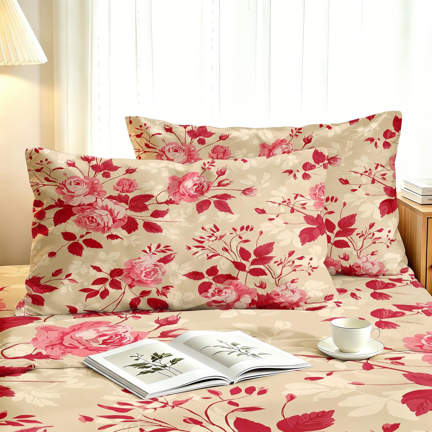 Red Rose California King Sheet Set 4 Pcs Vintage Floral Bed Sheets