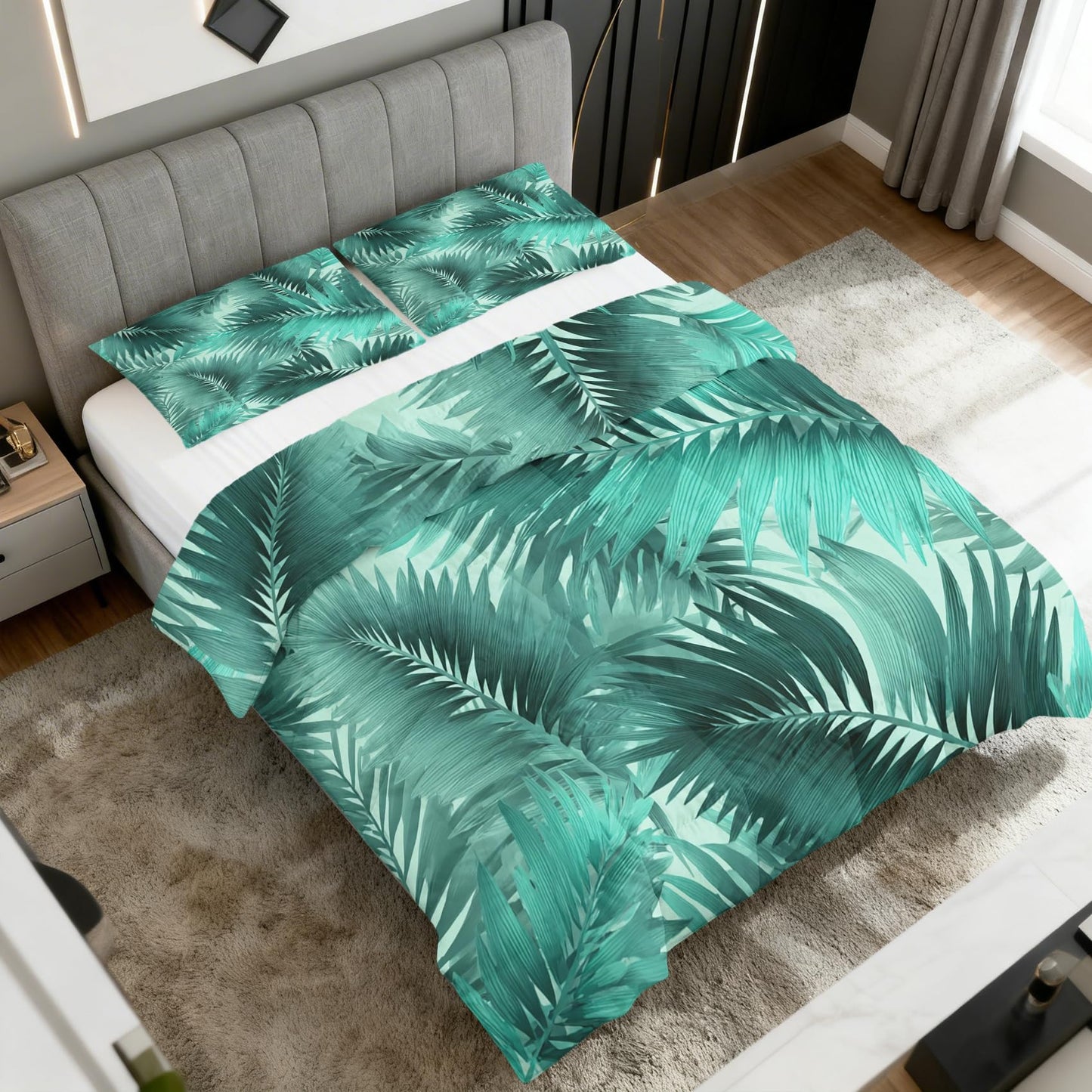 Palm Leaf Comforter Set King Size 3Pc, Tropical Forest Botanical Pattern Down Alternative Bed Comforter, 2 Pillow Shams, Soft All Season Bedding, Palm Leaf Bedroom Decor AF4308