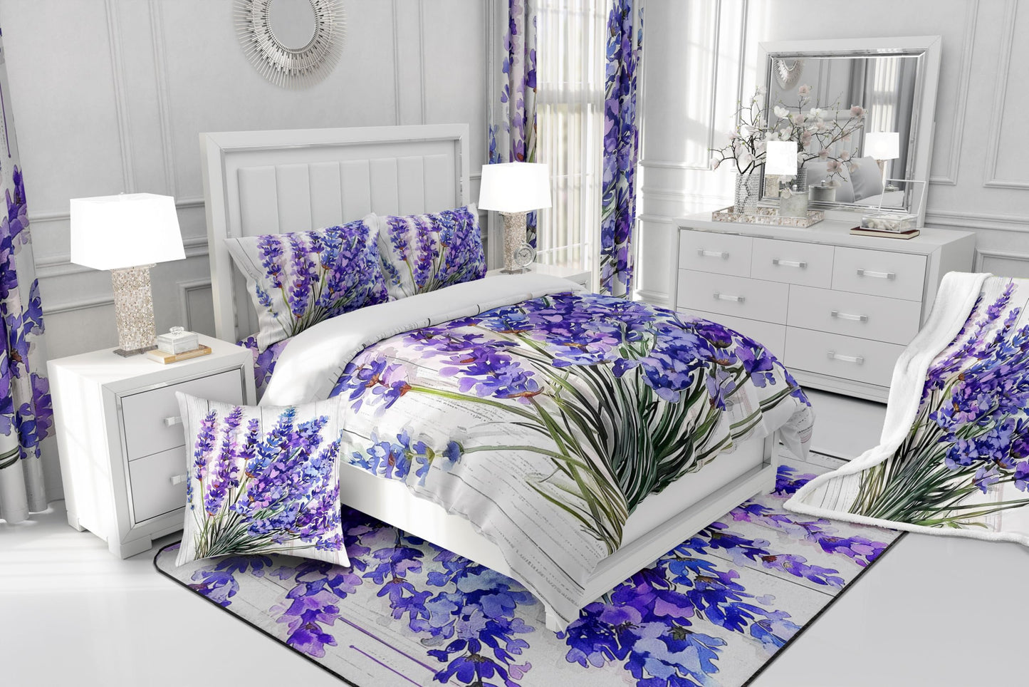 Erosebridal Lavender Flower Comforter Set Full Size,Oil Painting Floral Bedding Set for Kids Teens,Groovy Lavender (Comforter+Fitted+Flat Sheet+2 Pillowcases+2 Throw Pillow Covers) 7 Pieces Bed Set