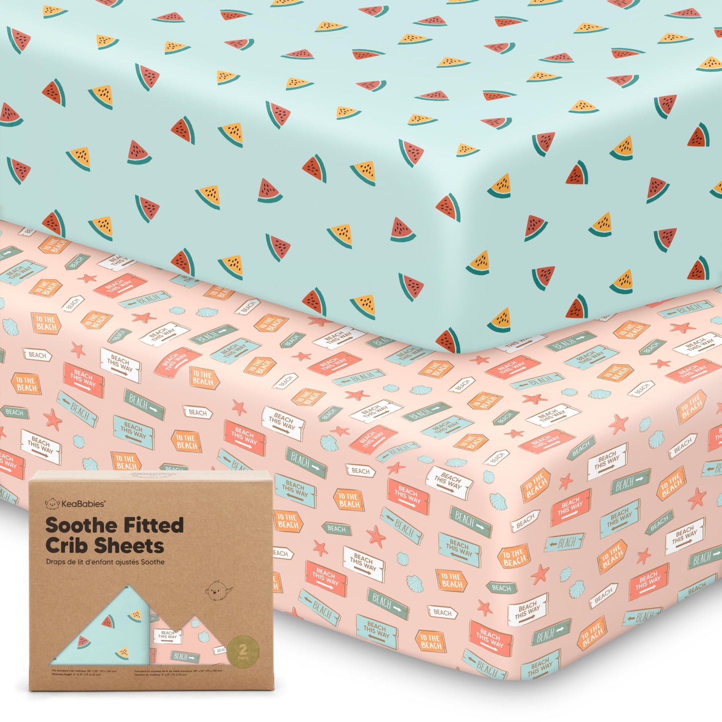 KeaBabies 2-Pack Organic Cotton Crib Sheets for Boys, Girls - 52x28 Fitted Crib Mattress Sheet Neutral, Breathable Cover for Baby Bed Set, Toddler Mattress, Soft & Cute Prints (Beach Day)