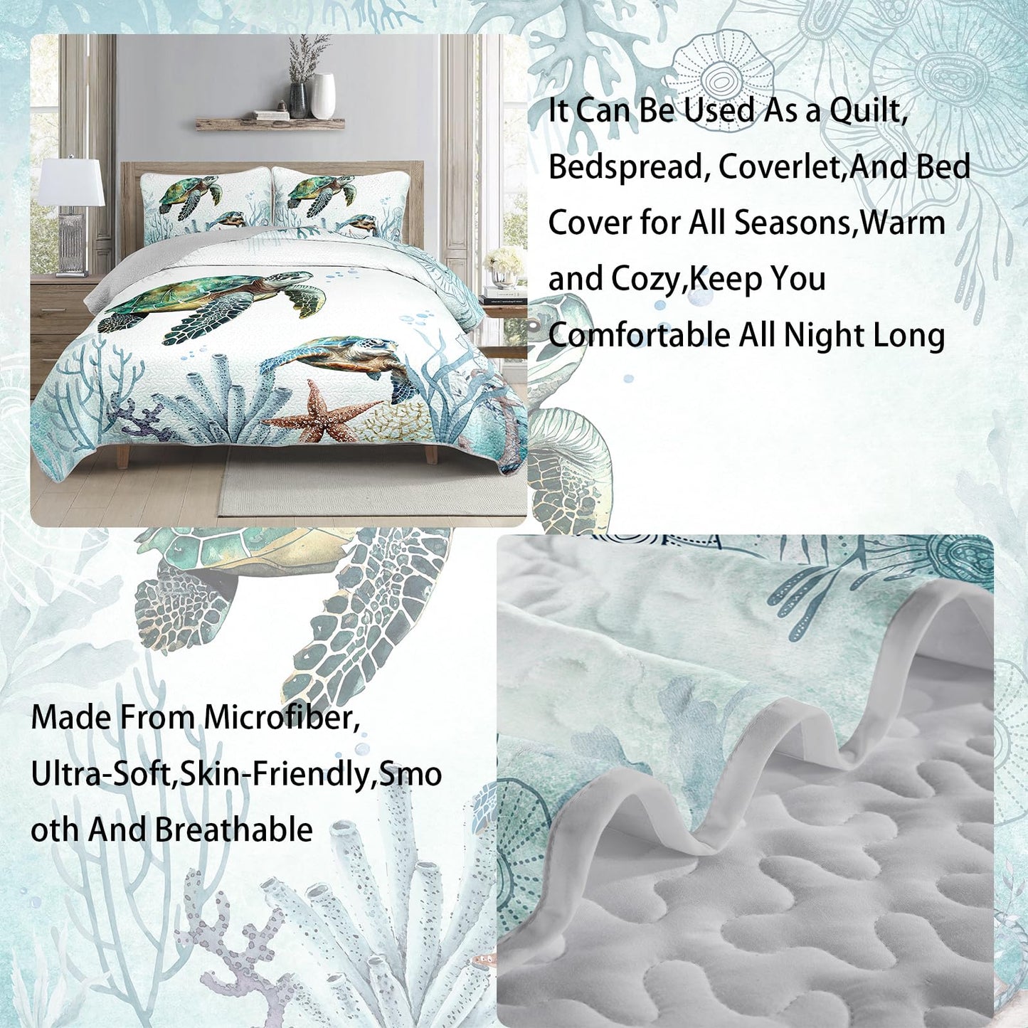 AILONEN Sea Turtle Bedding Quilt Set Queen Size,Teal Blue Ocean Beach Coastal Bedspread Coverlet,3 Pieces Soft Lightweight Quilt & 2 Pillowcases