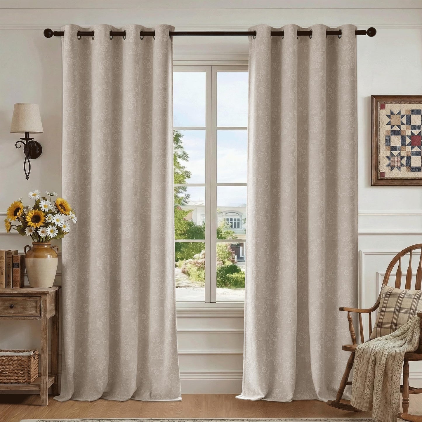 Beauoop Beige Floral Jacquard Blackout Curtains 84 Inches Long 2 Panels for Living Room Bedroom Chenille Flower Room Darkening Thermal Insulated Soundproof Grommet Window Drapes, 52x84 Set of 2