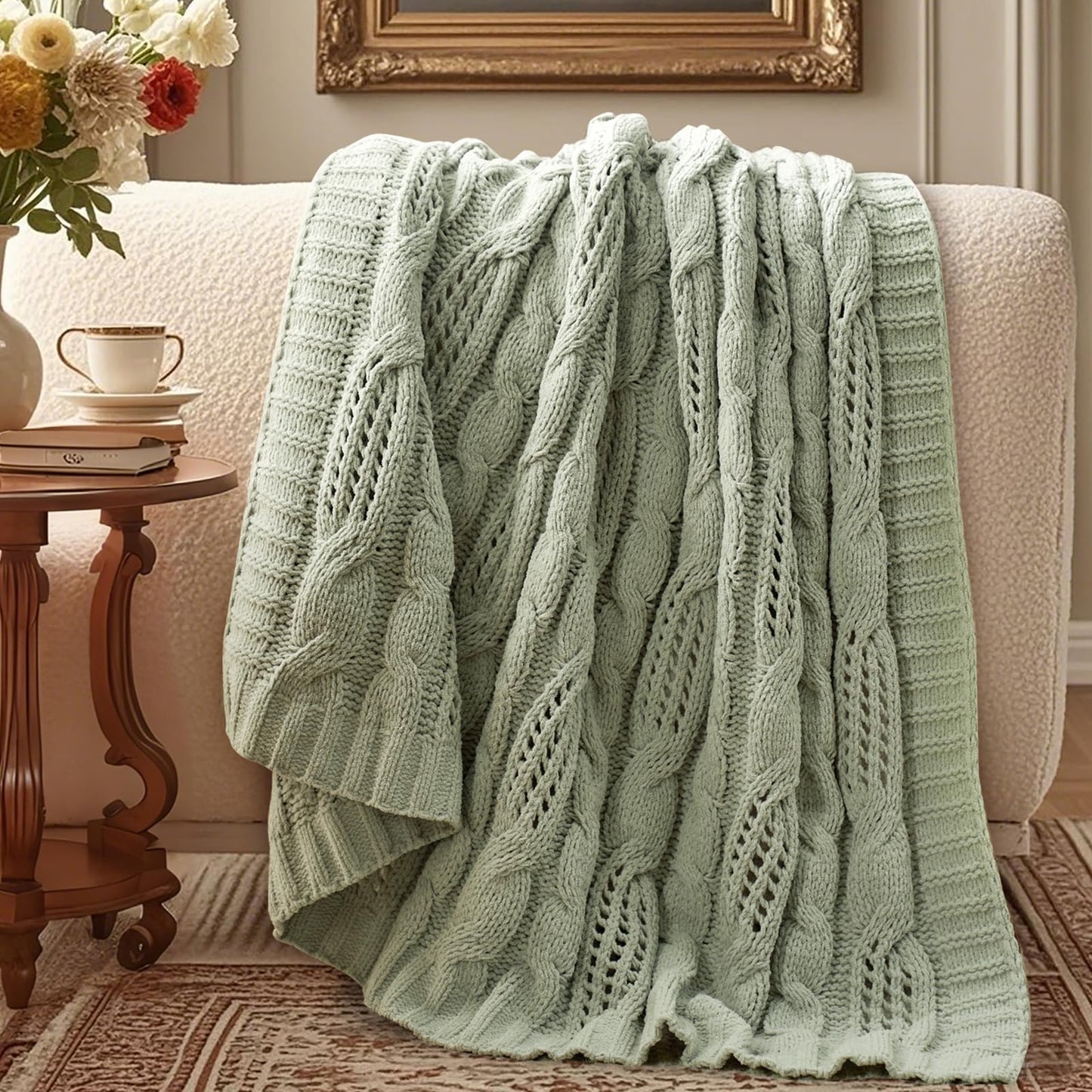 Amélie Home Chunky Knit Throw Blanket, Dual-Sided Soft Chenille Breathable Cable Knitted Blanket for Couch, Farmhouse Decorative Throw for Sofa & Chair, 50"x60", Sage Green