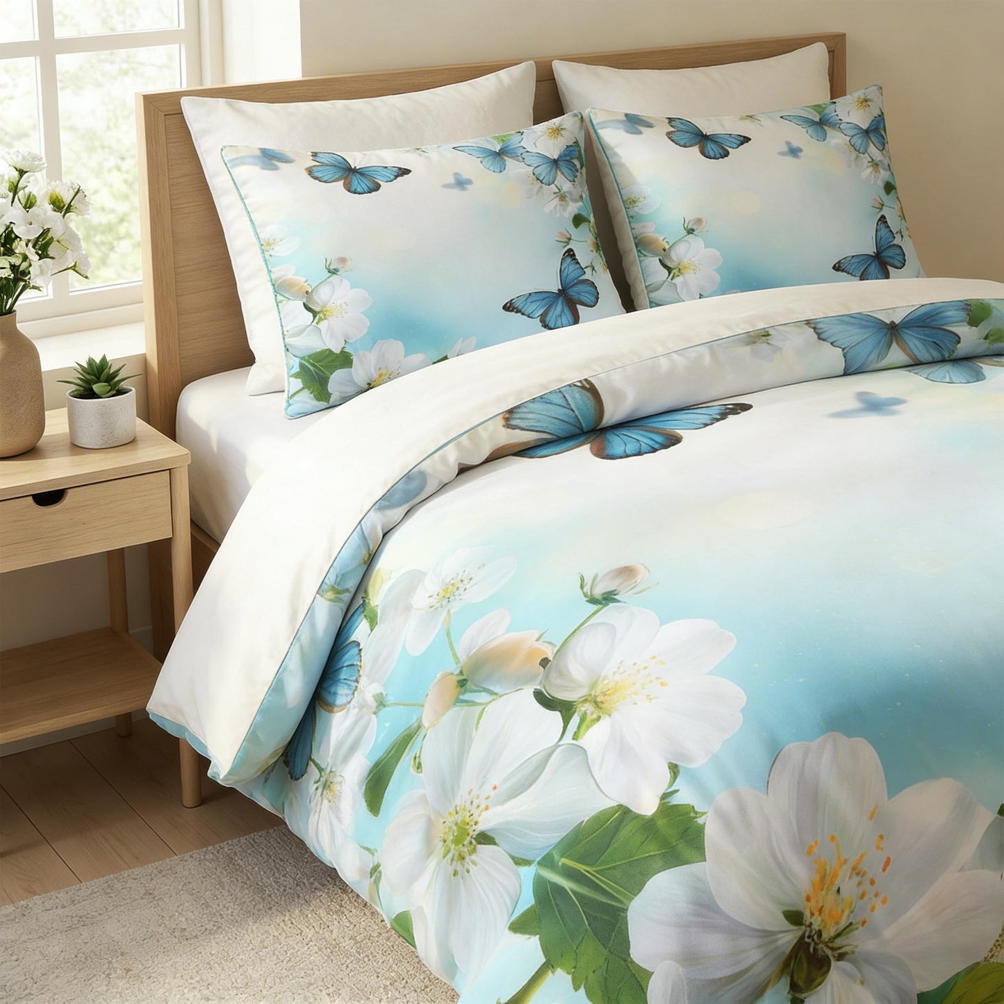 CCoutueChen Kids Twin Size Butterfly Floral Comforter Set, 2 Pcs Blue Botanical Flowers Soft Bedding for Girls, Warm Microfiber Country Bed Set with 1 Pillowcase, 68"x86"