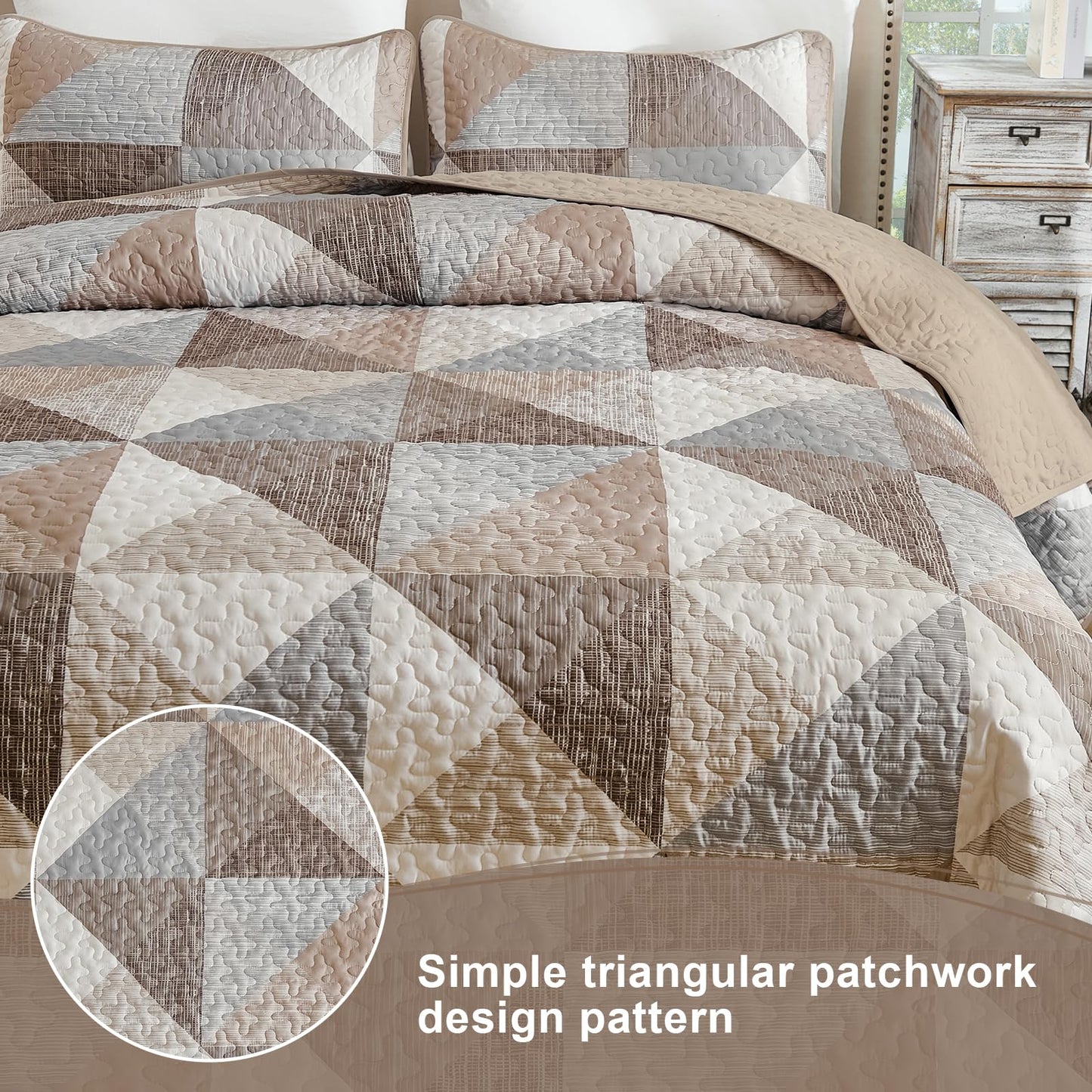 Dintszyayue Dark Brown Quilt Queen Size, 3 Pieces Tan Patchwork Bedspread Bedding, Soft Lightweight Microfiber Geometric Coverlet Set for All Spring Quilt with 2 Pillowcases90 x96