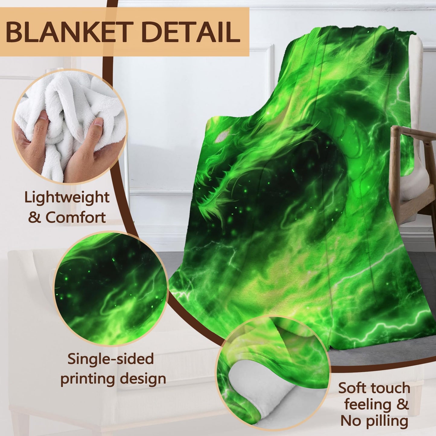 Snowmolle Green Dragon Fall Throw Blanket,Cool Cozy Plush Fluffy Blanket for Living Room Decor,Lightweight Fleece Throws for Couch,Bed,Traveling,Naps,Reading,50 X 60 Inch