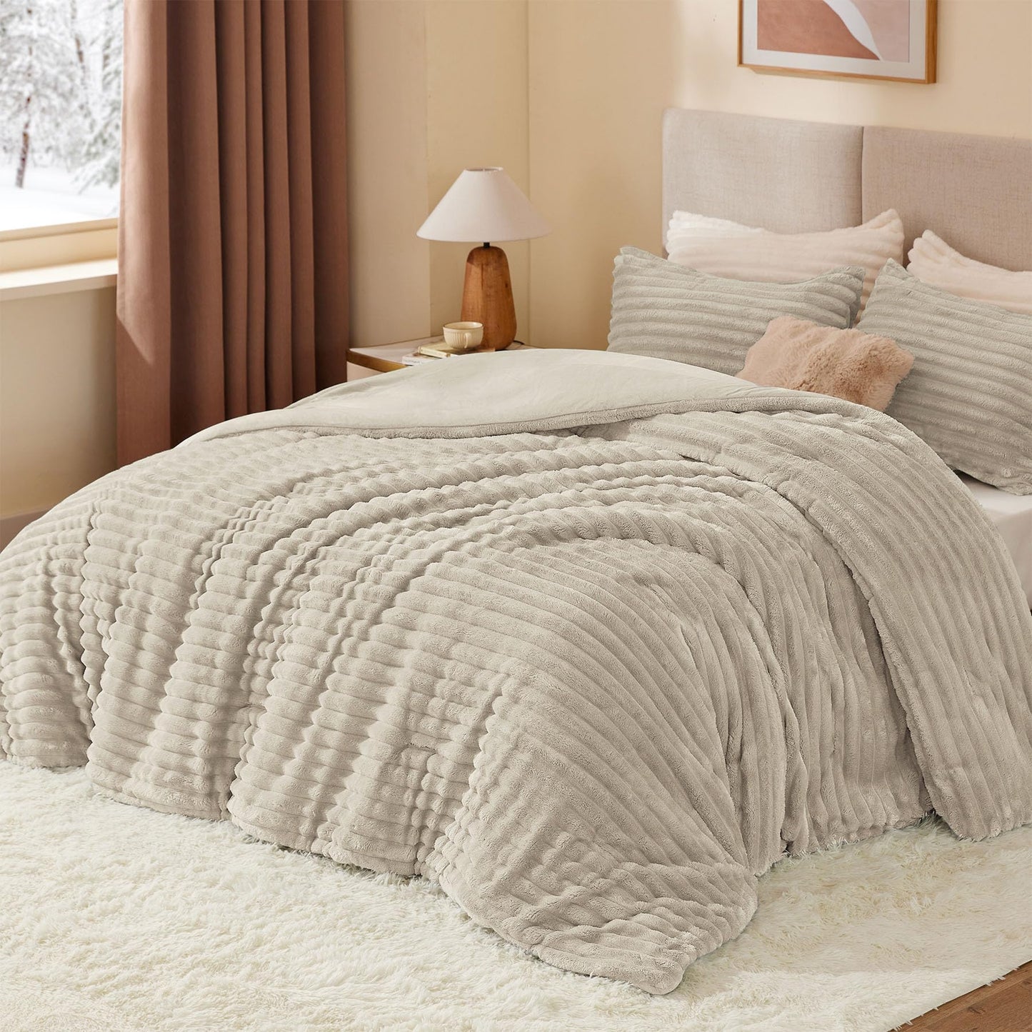 BEDELITE Fleece Queen Comforter Set -Super Soft & Warm Fluffy Linen Bedding, Luxury Fuzzy Heavy Bed Set for All Season with 2 Pillow Cases