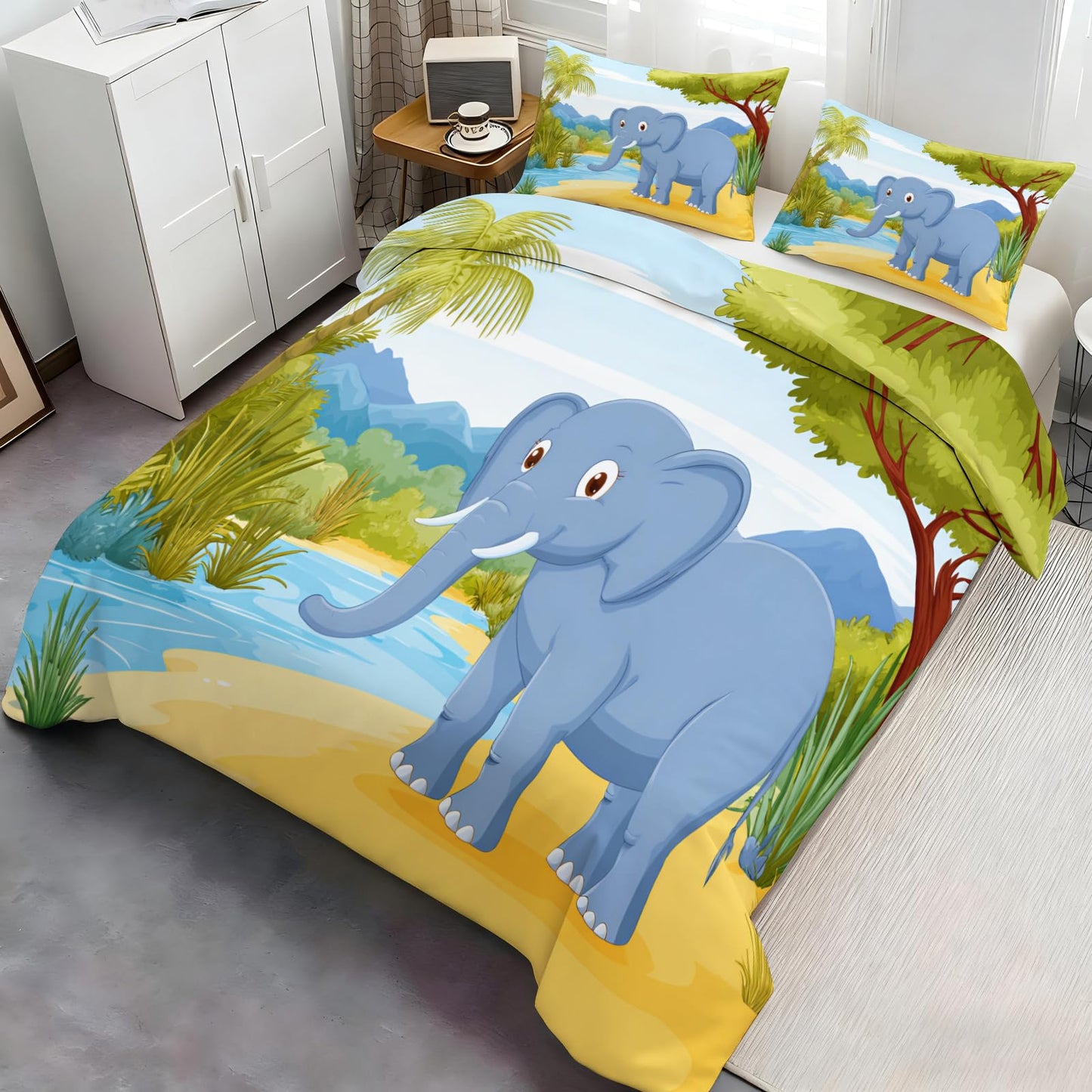 Cartoon Elephant Duvet Cover Set 3 Pieces Soft Microfiber Reversible Bedding for Boys Girls, Tropical Landscape Palm Tree Bedding Set Twin Size Kids Cute Animal Comforter Cover with 2 Pillowcases
