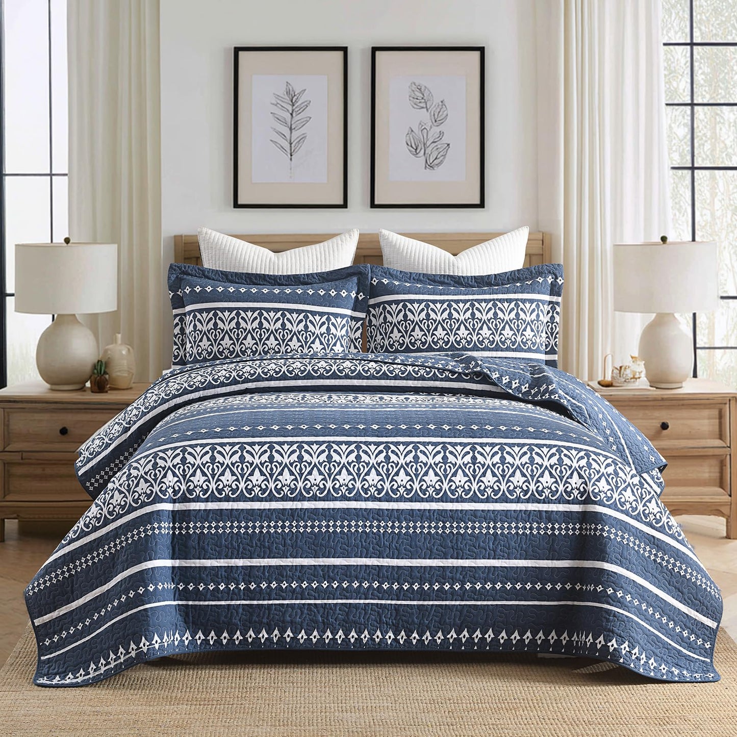 BCOTTOND Quilt Set 100% Cotton Boho Striped King Quilt,Navy Blue Quilt King Size Bohemian Pattern King Bedspread Lightweight All Season 3 Piece