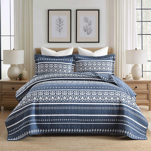 BCOTTOND Quilt Set 100% Cotton Boho Striped King Quilt,Navy Blue Quilt King Size Bohemian Pattern King Bedspread Lightweight All Season 3 Piece