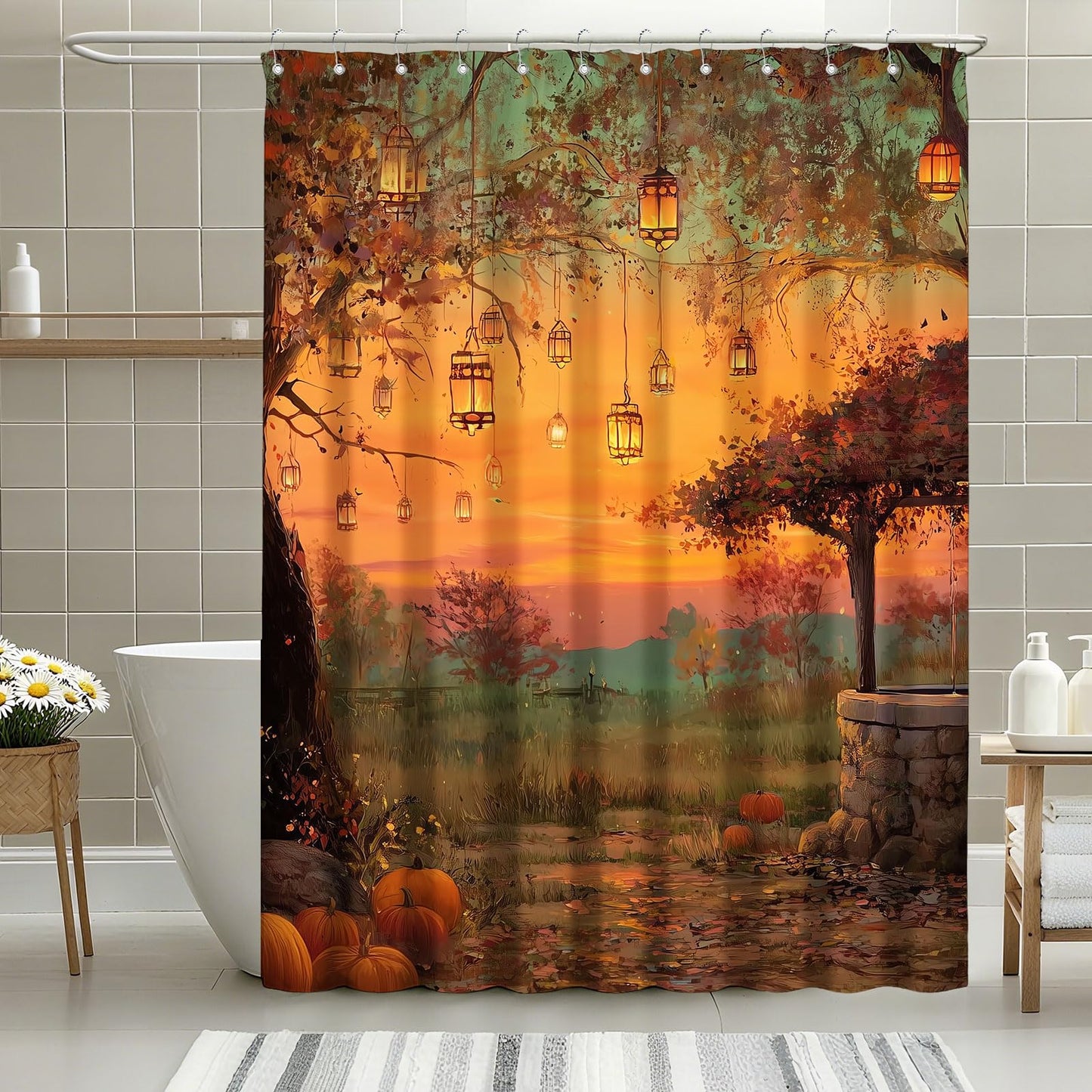 mutakin Fall Pumpkins Shower Curtain Autumn Thanksgiving Tree Shower Curtains for Bathroom Waterproof Fabric Bath Curtain Decor with Hooks