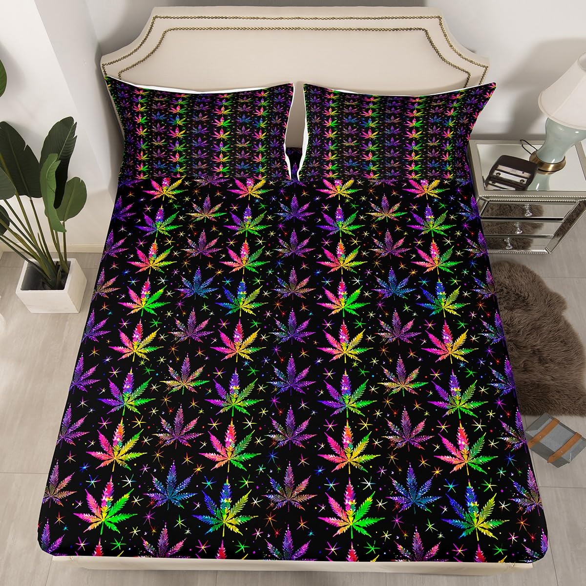 Shiny Cannabis Leaves Bed Sheet Set Twin Size,Colorful Marijuana Leaves Fitted Sheet + 1 Flat + 1 Pillow Sham,Boho Botanical Rainbow Bedding Set for Kids Boys Bedroom Xmas Gift, Soft Fabric