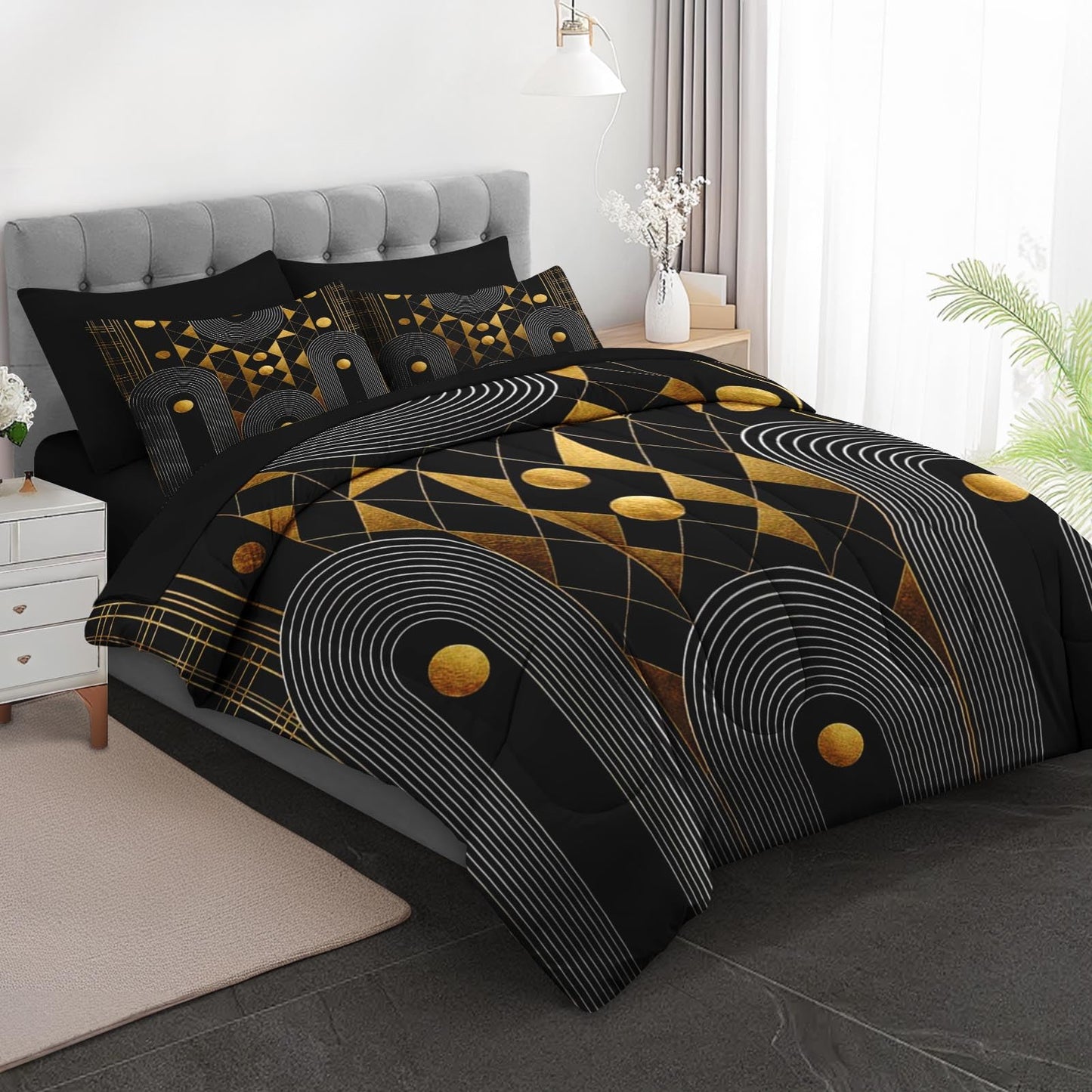 Boewywh Comforter Set Twin Size Geometric Gold Black 7 Pcs, Bedding for Kids and Adults, Abstract Modern Bed Sheet Sets with Fitted Sheet 2 Pillowcases & 2 Shams for Bedroom Bed Decor