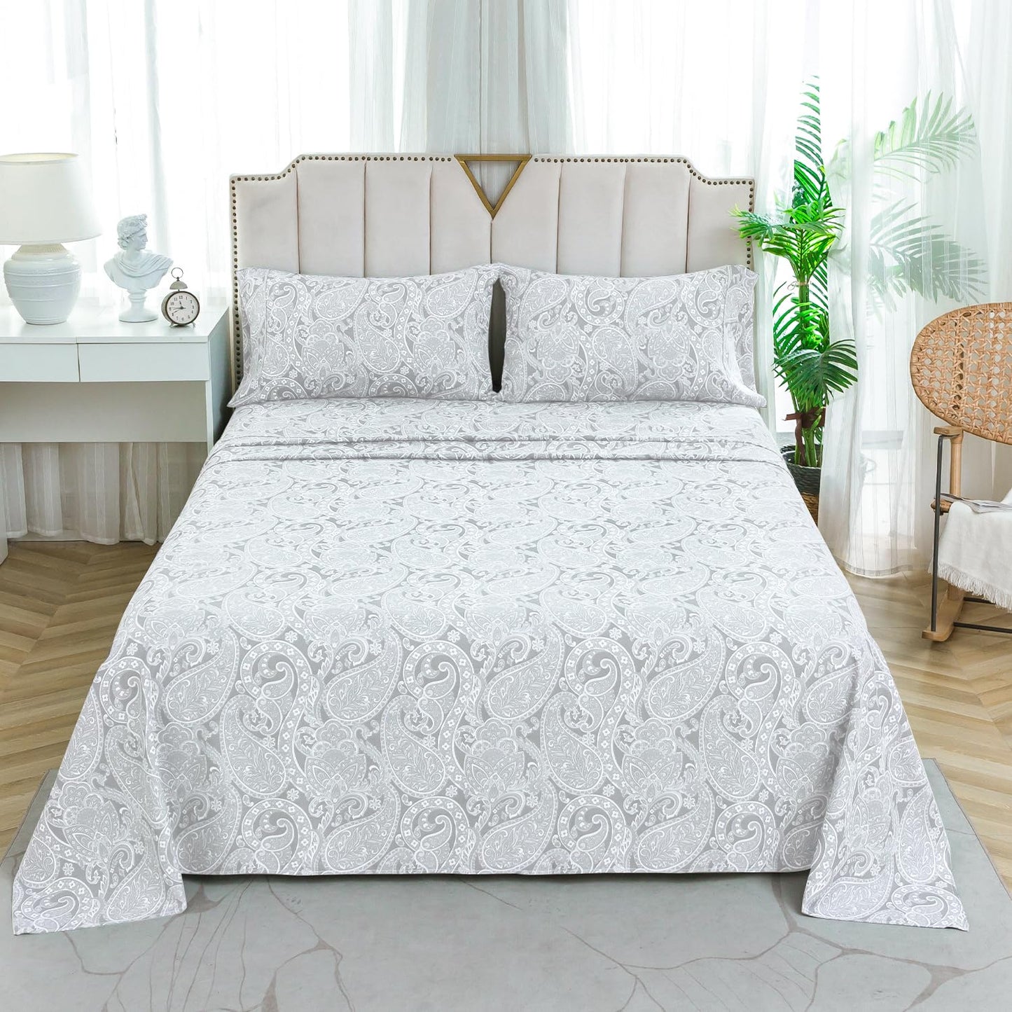 KACEMOO California King Size Sheets, Soft Gray Paisley Bed Sheets, Floral Printed Pattern Sheet Set with Deep Pocket, Breathable 1800 Thread Fitted Microfiber Bed Sheets
