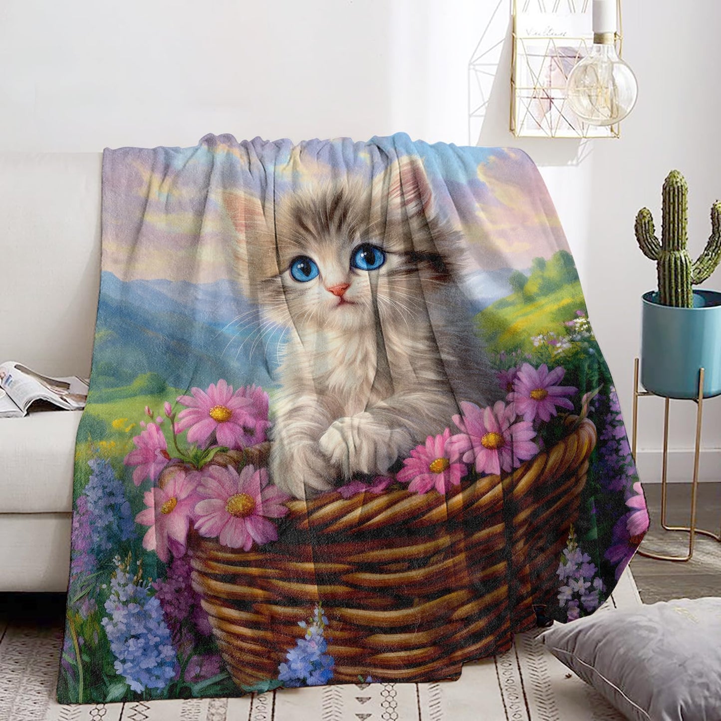 Bidesk Lovely Cat with Flowers Blanket Soft Cozy Throw Blanket for Adults Women Kids - Warm Yet Lightweight Flannel Blankets for Travel, Couch, Bed, Fuzzy Outdoor Comfort Wrap 60"×50"