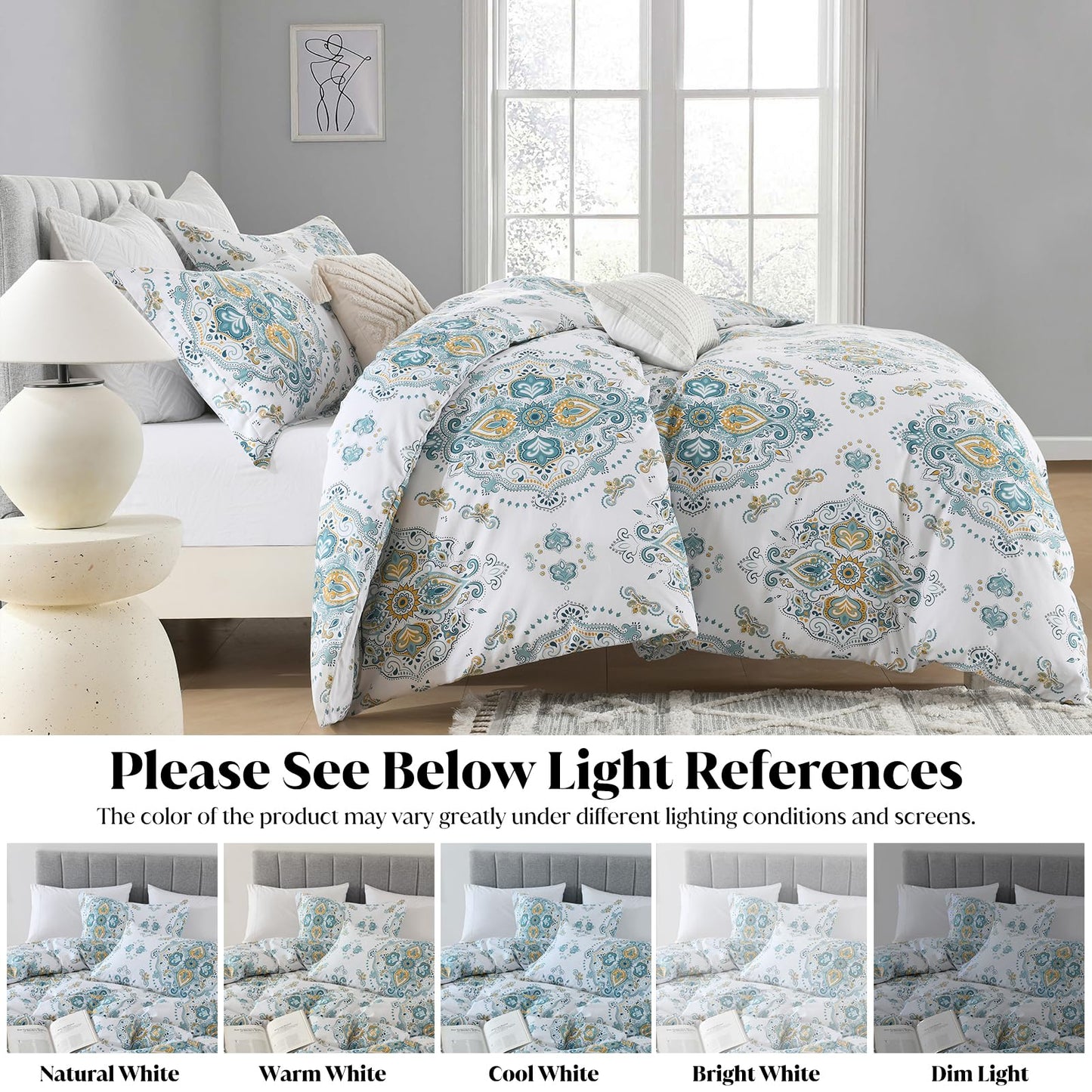 CozyDH Cotton Duvet Cover King Size - 100% Cotton 400TC Blue White Damask Paisley Floral Pattern Duvet Cover Set, Ultra Soft Lightweight Farmhouse Bedding Set 3pcs (King, 104x90, No Comforter)