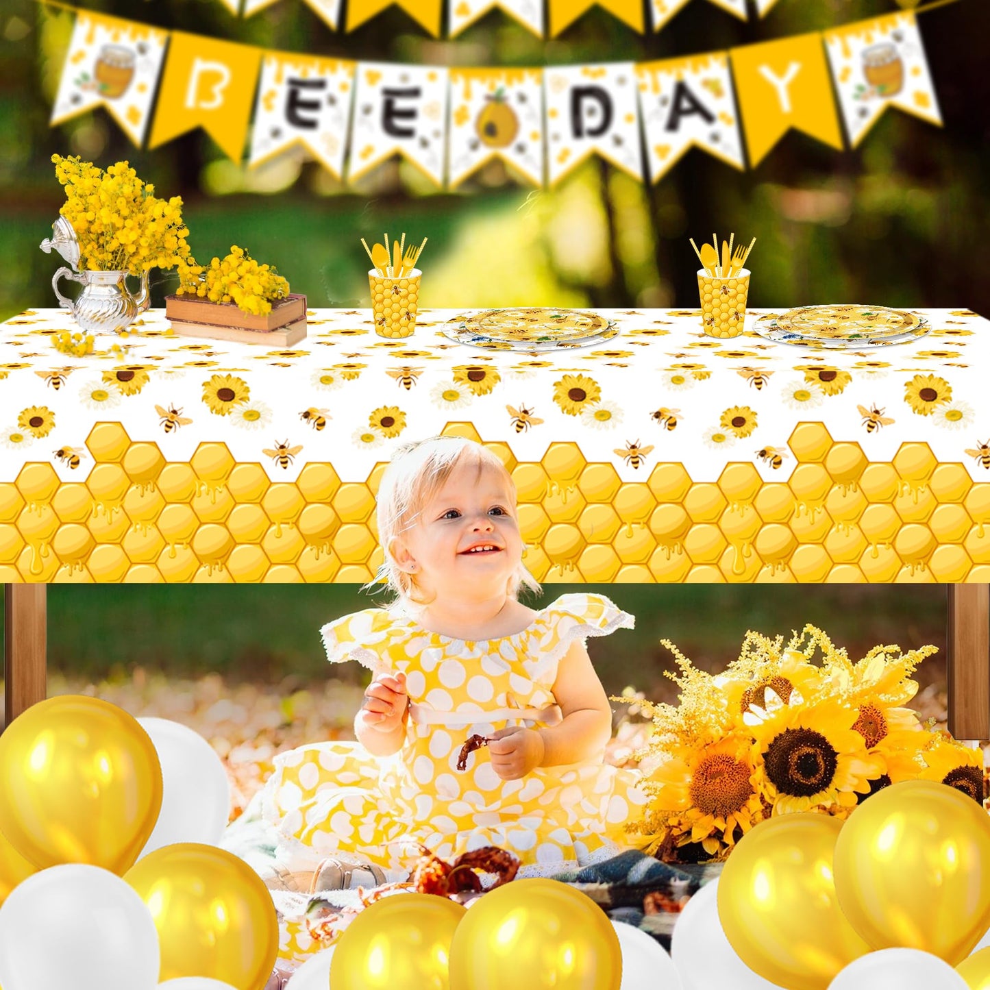CC HOME 1Pc Bees Party Plastic Tablecloth 54 x 87 Inch Long Table Cover, Honey Sunflower Honeycomb Daisy Party Tablecover for Bee Kids Baby Shower Birthday Dinner Picnic Kitchen Event