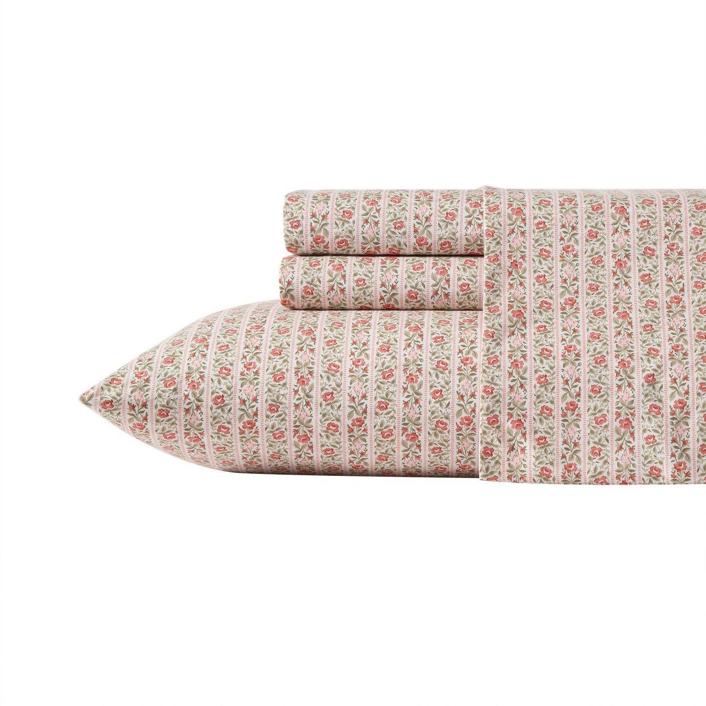 Laura Ashley – Twin Size Sheet Set, Crisp & Lightweight Cotton Percale Bedding with Fitted Sheet and Pillowcase, Floral Room Decor, Deep Pocket, College Dorm Room Essentials (Marta Stripe Dark Pink)