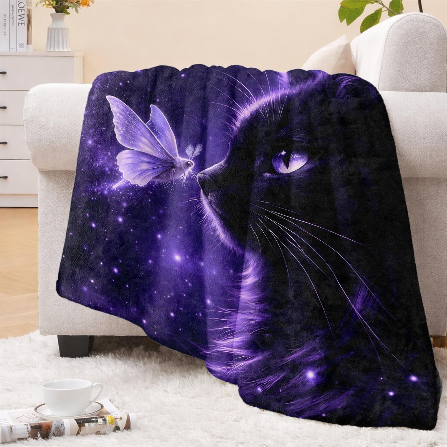 cromcu Fantasy Cat Flannel Throw Blanket, 50x60in, Soft Warm Cozy Blankets with Purple Kitten and Glowing Moth, Celestial Gifts for Girls Women Cat Lovers, Home Decor Dorm Office Travel Camping