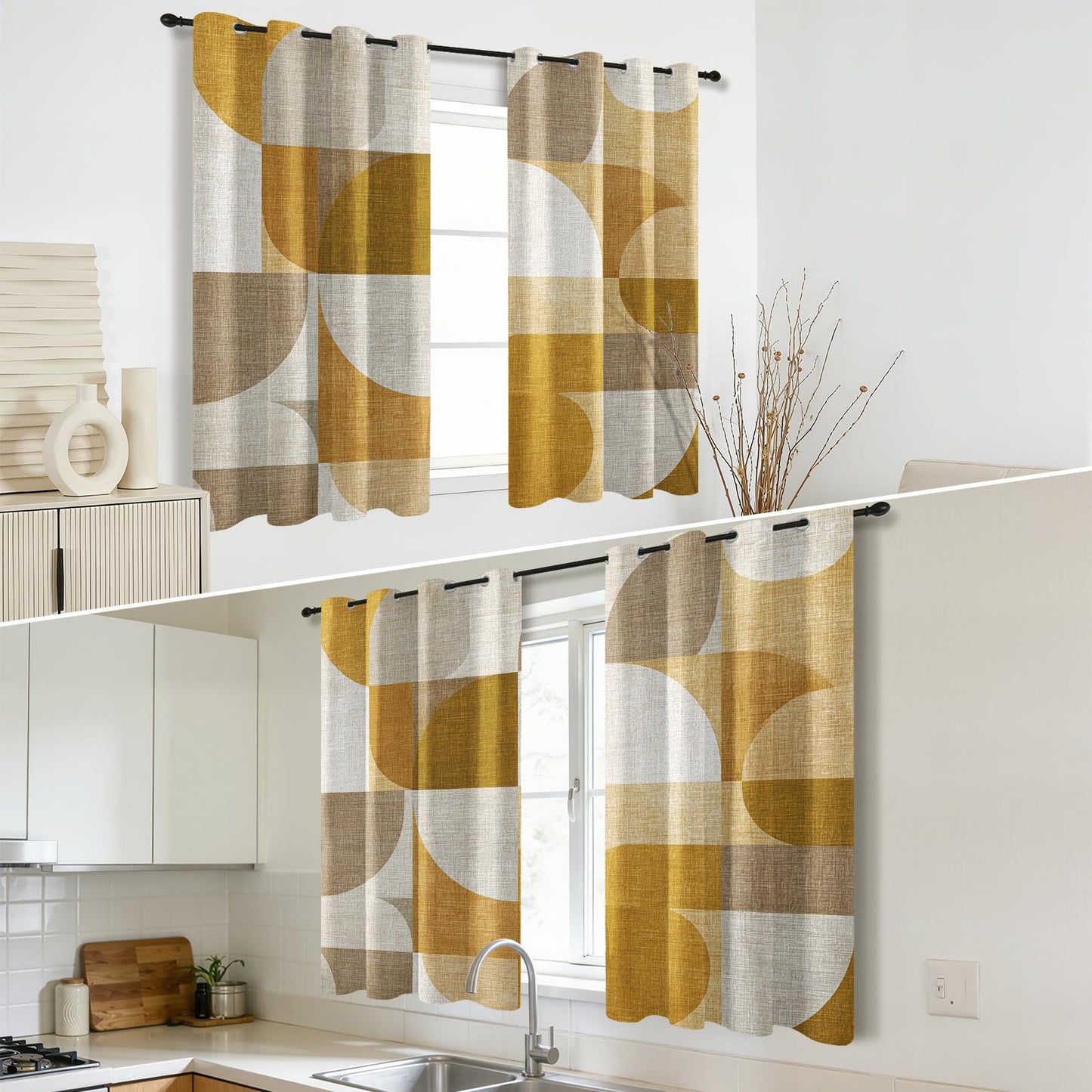 Solvivae Modern Mid Century Blackout Curtains 63 Inch Length, Abstract Geometric Mustard Curtains for Bedroom Living Room, Room Darkening Thermal Insulated Grommet Drapes, Patterned Window Treatments