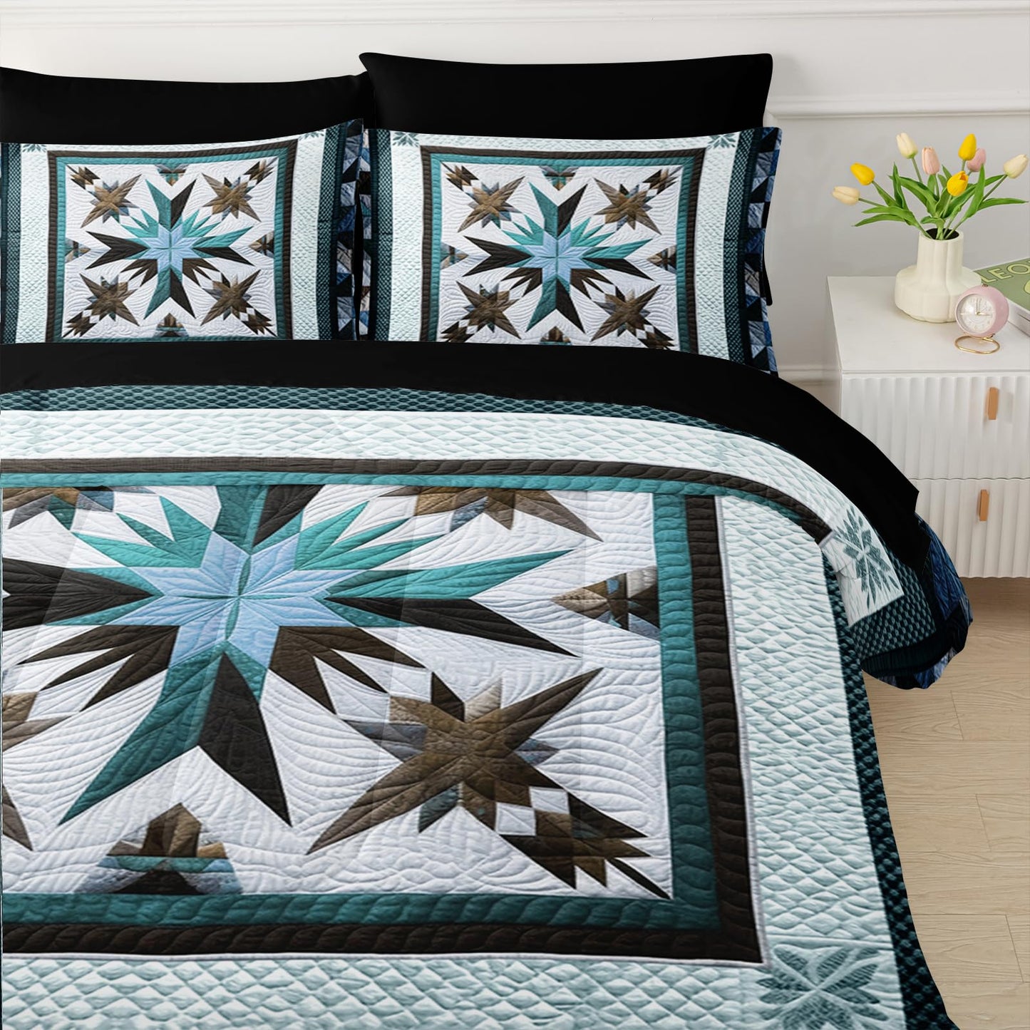 QOOMO Boho 7 Pieces Comforter Set Twin Size,Bohemia Bedding Set for Kids Teens Girls-Include 1 Comforter,1 Fitted Sheet,1 Flat Sheet,2 Printing Pillowcases and 2 Black Pillowcases