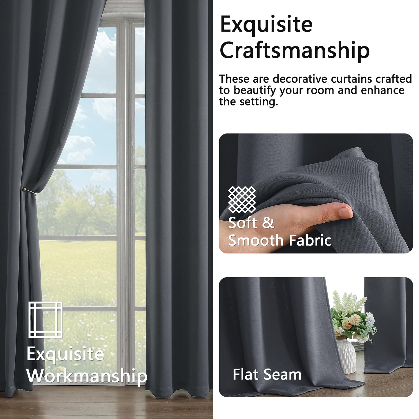 Simplebrand Grommet Blackout Curtains for Bedroom 63 Inch Length 2 Panels Set, Thermal Insulated Energy Saving Curtains for Kids Room, Solid Nursery Window Treatment Drapes, Dark Grey, W40 x L63