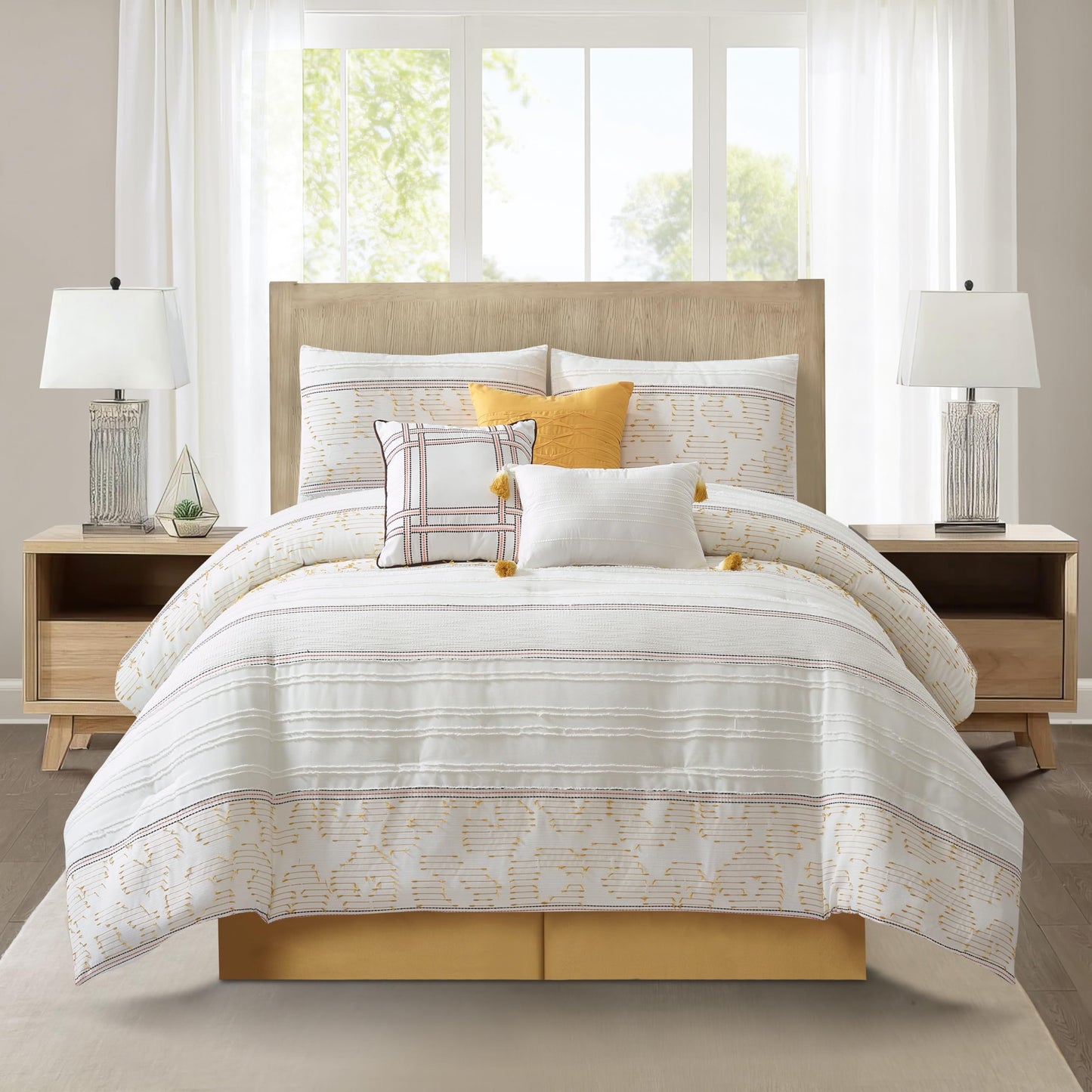 Stratford Park White Yellow Jacquard Comforter Set Queen Size, 7 Piece Striped Bedding Set, All Season Home Decor, Matching Pillow Shams, Bedskirt, Decorative Pillows