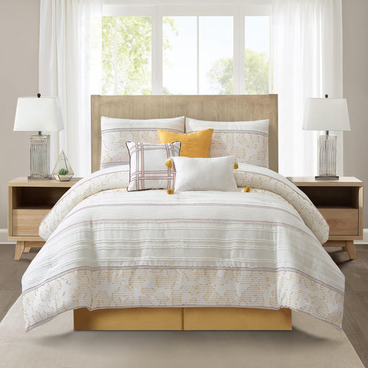 Stratford Park White Yellow Jacquard Comforter Set Queen Size, 7 Piece Striped Bedding Set, All Season Home Decor, Matching Pillow Shams, Bedskirt, Decorative Pillows