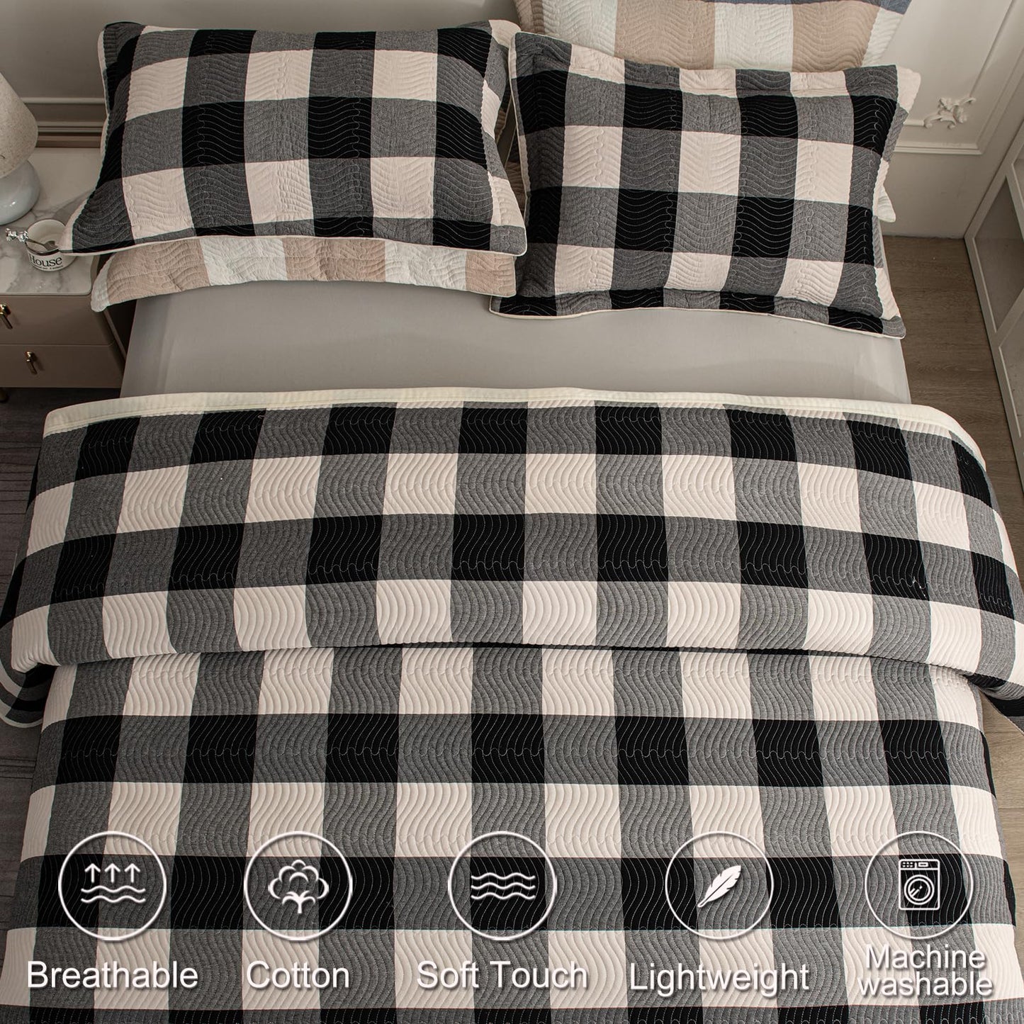 tohrisa Cotton Plaid Quilt Set, Ultra Soft 3 Pieces King Size Bedding with 2 Pillow Shams, Lightweight Reversible Coverlet Bedspread with Wave Quilting for Summer, 108"x96", Grid-Black White