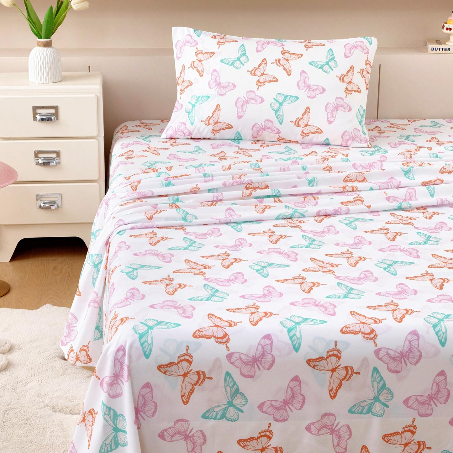 MICORAL Kids Twin Sheet Set Butterfly, 3 Pieces Sheets for Boys & Girls, Soft Printed Microfiber Bed Sheets, Deep Pocket Cozy Toddler Bedding Set