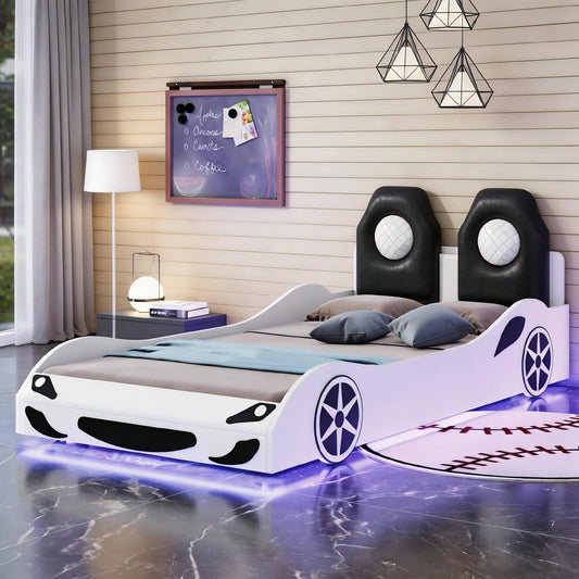 MaiDeHaoo Twin Bed Frames for Kids, Race Car-Shaped Bed Frame with LED Lights, Wheels and Upholstered Backrest for Boys, Girls, No Box Spring Needed, White