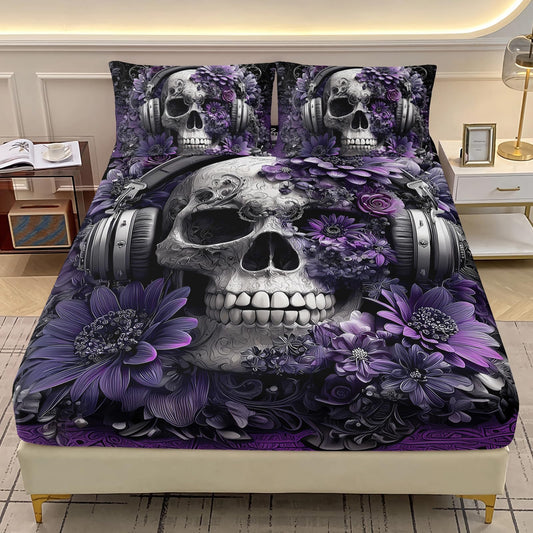 AILONEN Girls Floral Skull Fitted Sheet Set Queen Size,3-Piece Music Themed Skeleton Bedding Set,Gothic Purple Flower Skull Printed Deep Pocket Sheets with 2 Pillowcases