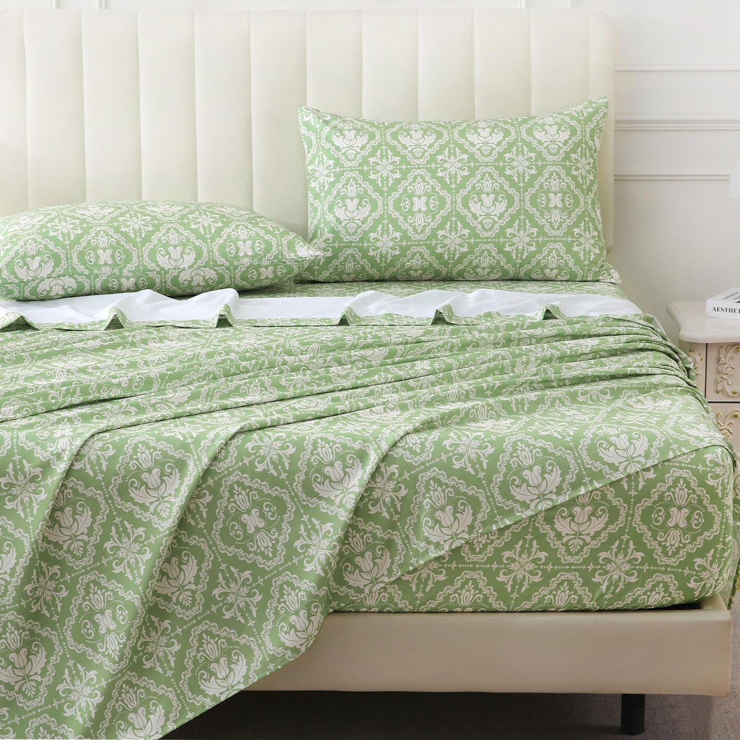 ChicView King Size Geometric Printed Sheet Set,4 Pieces Boho Style Breathable Soft Microfiber Bedsheets, Anti Pilling Deep Pockets Easy Care Bed Sheets, Sage Green