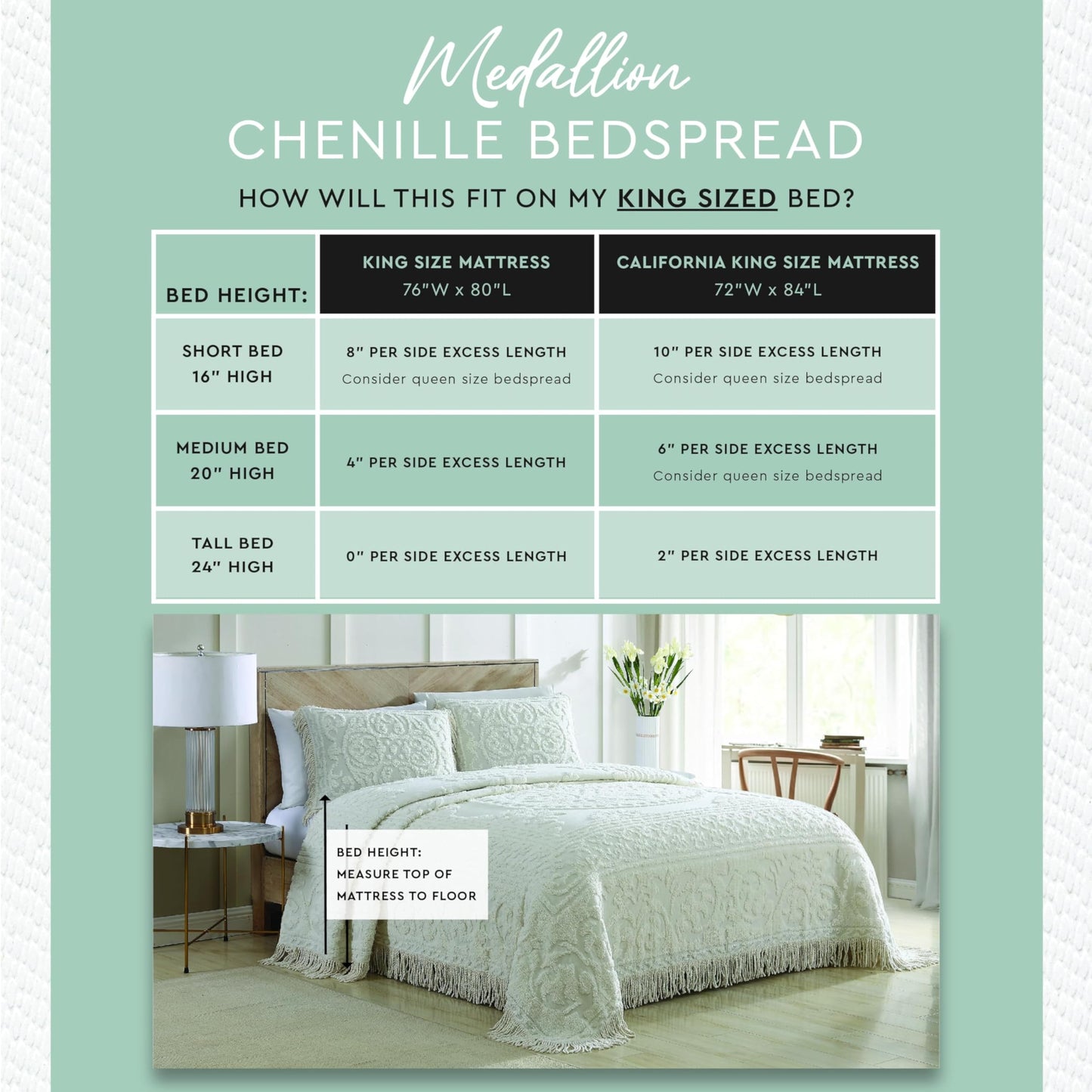 Beatrice Home Fashions Medallion Chenille Bedspread, King, Sage