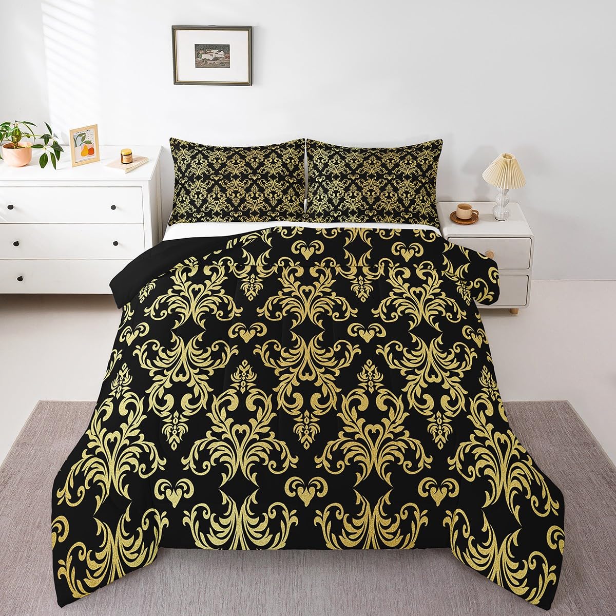 Feelyou Jacquard Bedding Set,Twin Size Floral Comforter Set for Adults & Teens,Boho Damask Duvet Set with Black & Gold Quilt,2Pcs