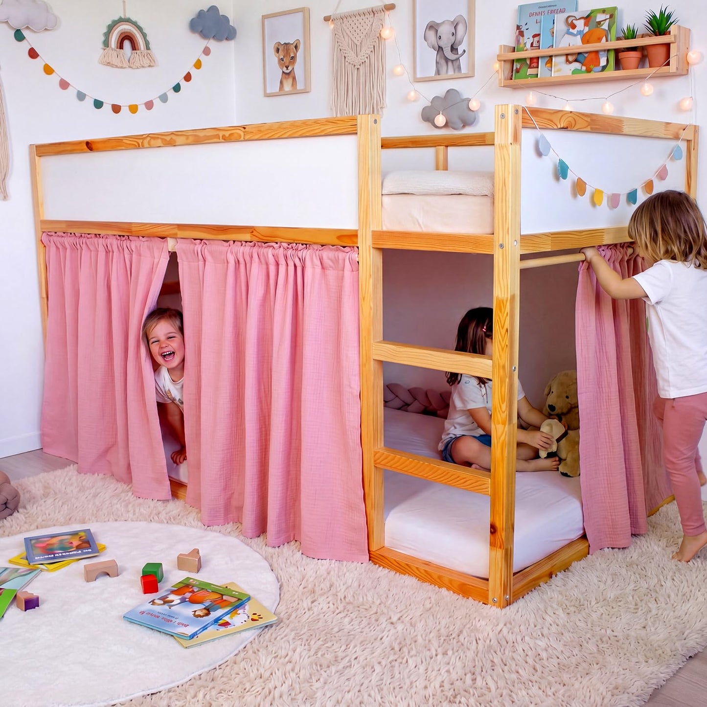 Breling 3 Pcs Panel Muslin Cotton Curtains Set for Loft Bed Pink Bunk Bed Privacy Curtains Breathable Fabric with Storage Bag for Bedroom Playhouse Dorm
